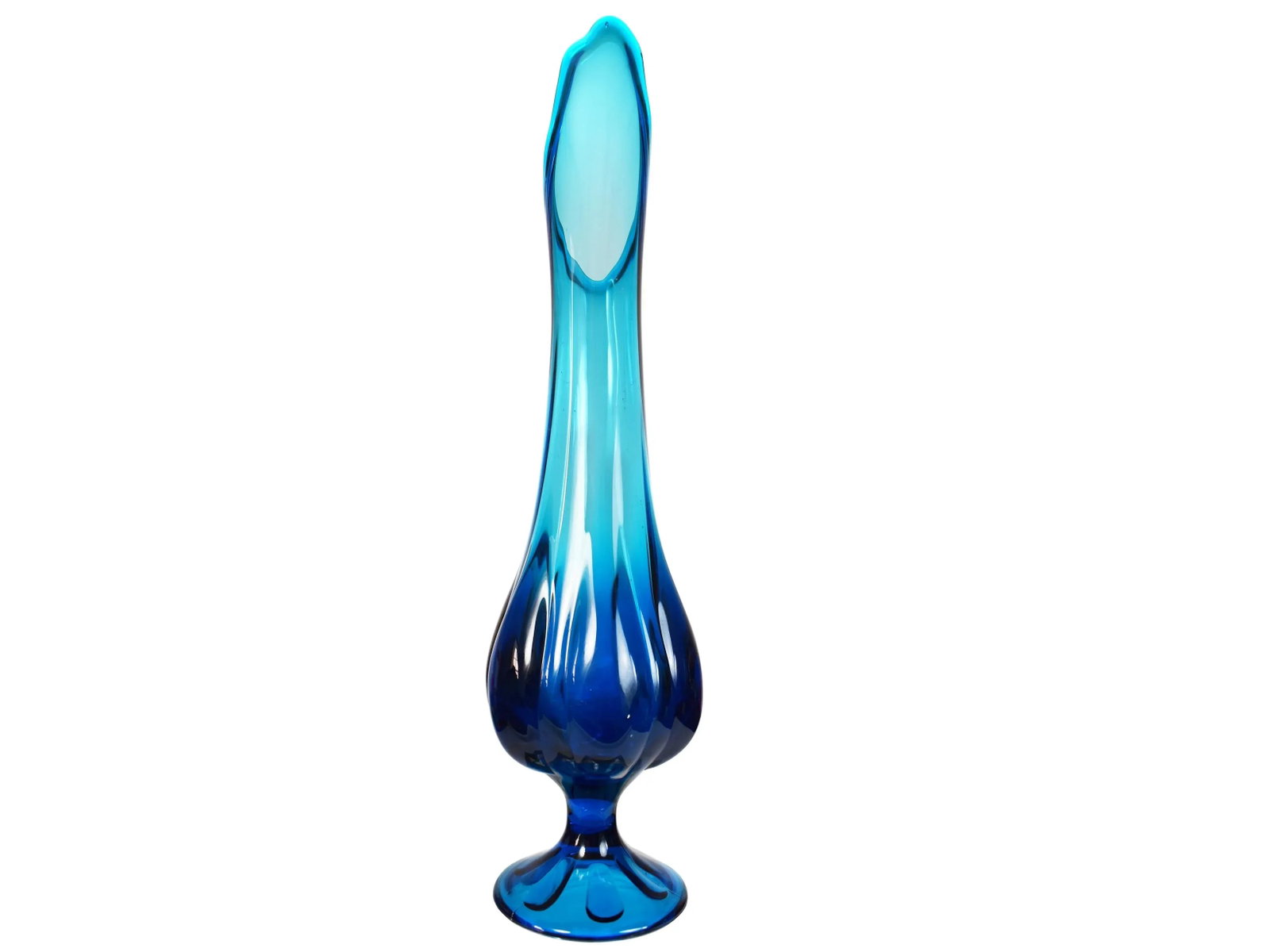 Mid-Century Modern Tall Pedestal Viking Swung Vase Blue Art Glass Vase - 9