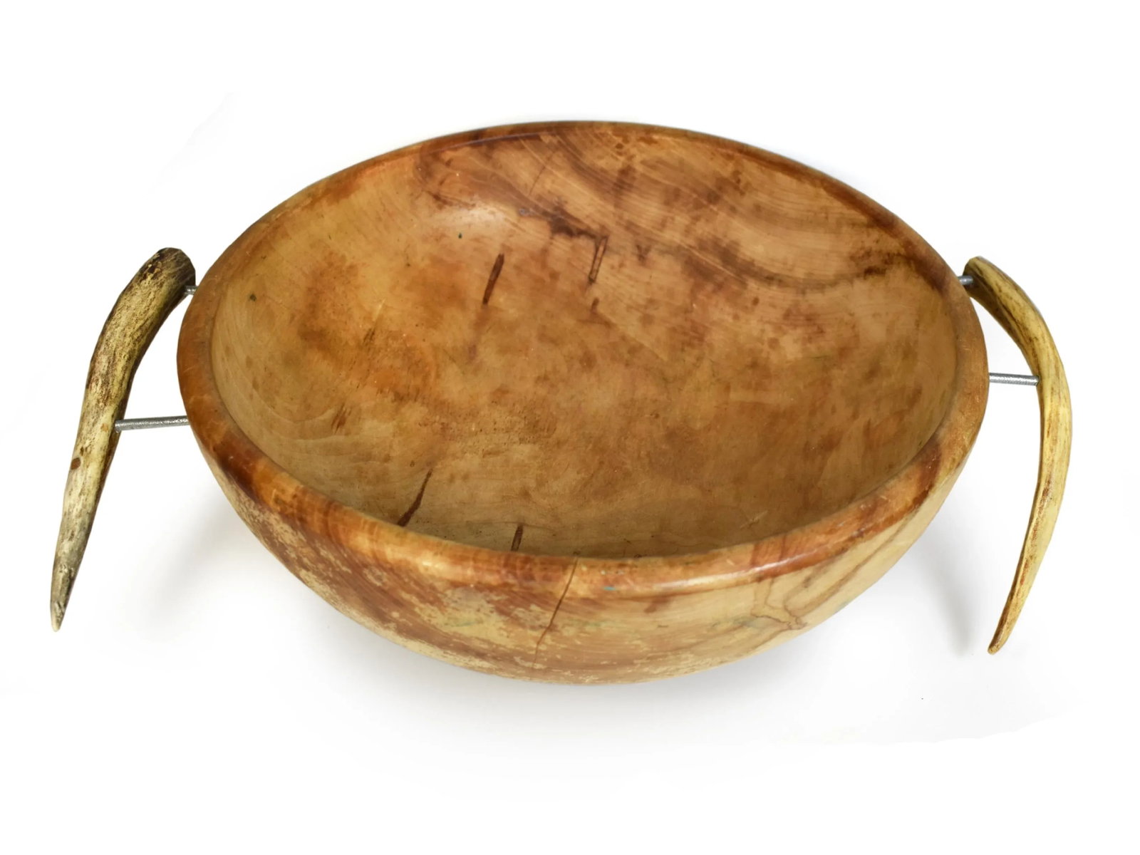 Mid-Century Organic Rustic Handmade Wood Carved Solid Wood Round Bowl With Natural Antler Handles - 2