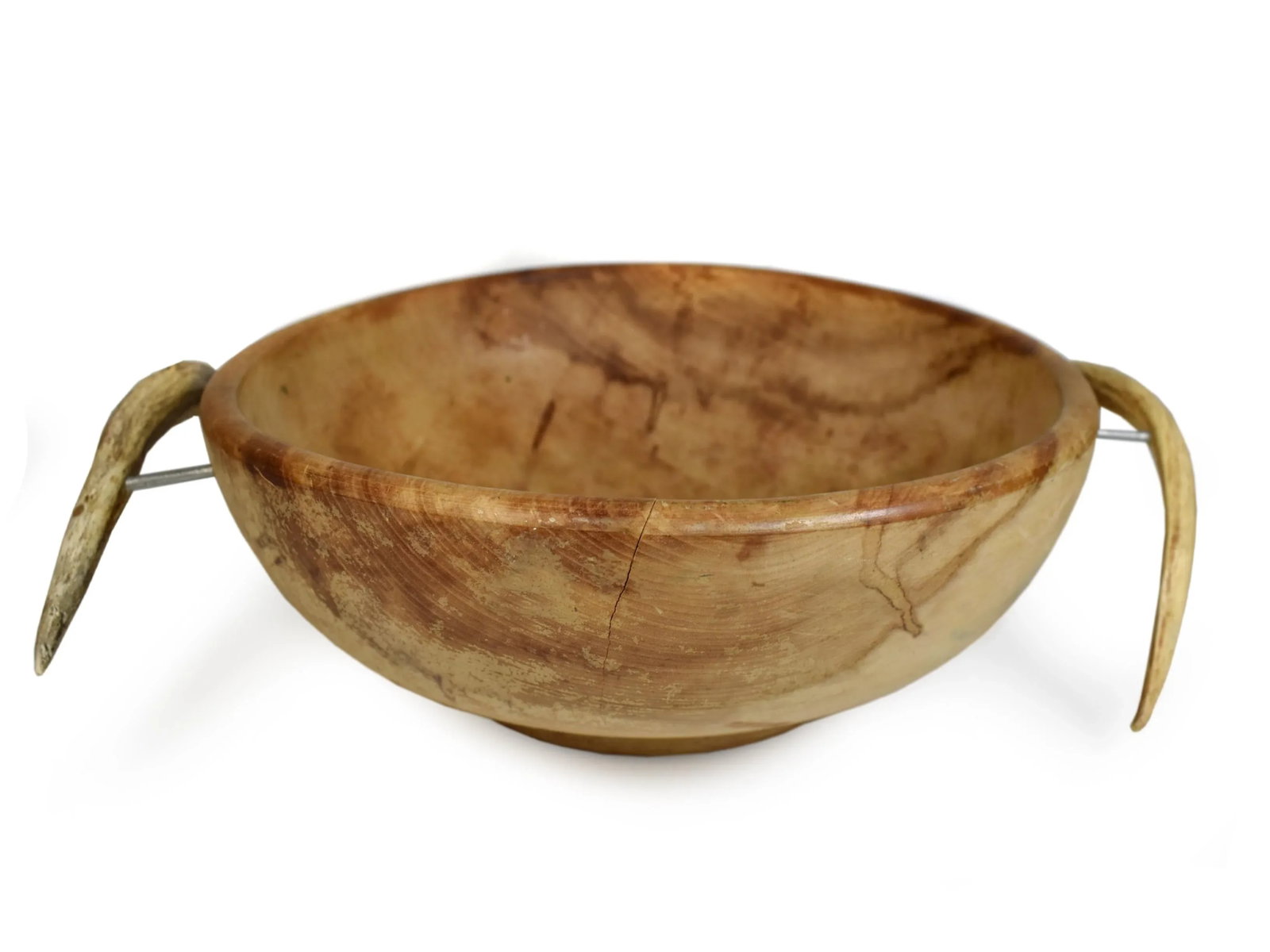 Mid-Century Organic Rustic Handmade Wood Carved Solid Wood Round Bowl With Natural Antler Handles - 3