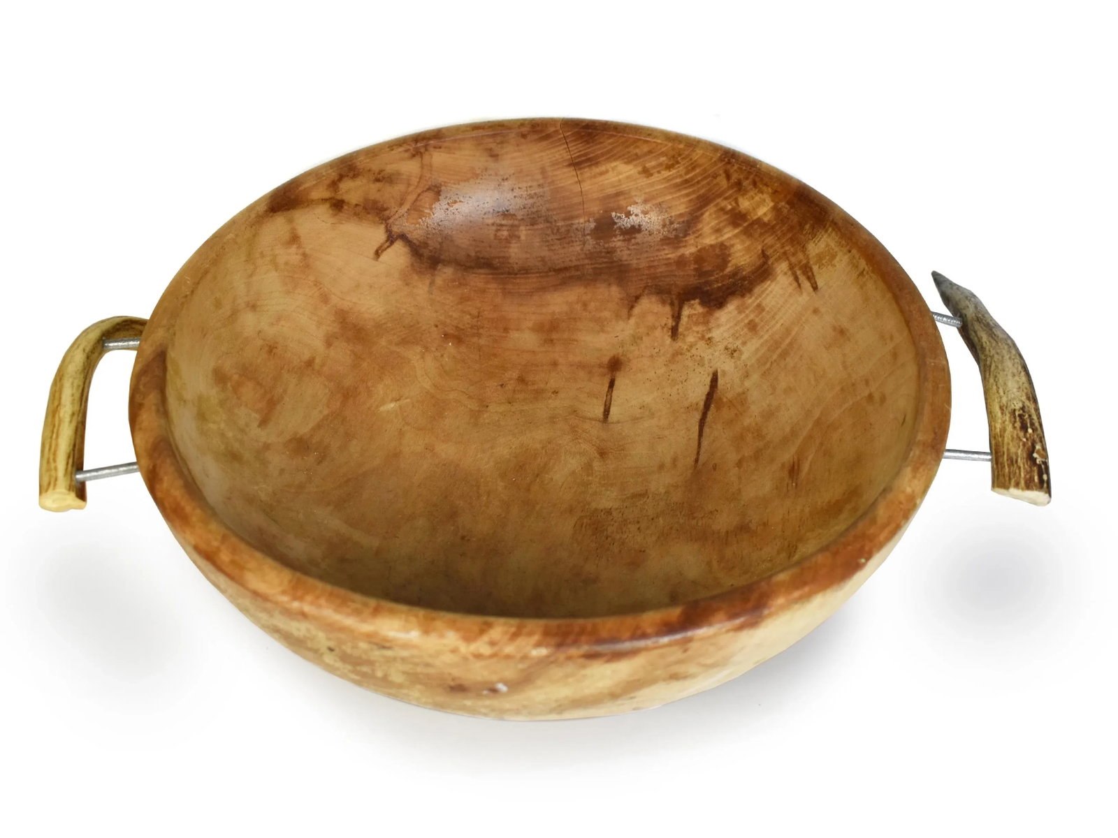 Mid-Century Organic Rustic Handmade Wood Carved Solid Wood Round Bowl With Natural Antler Handles - 4