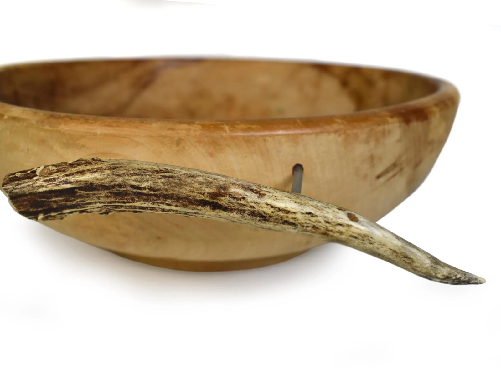 Mid-Century Organic Rustic Handmade Wood Carved Solid Wood Round Bowl With Natural Antler Handles - 5