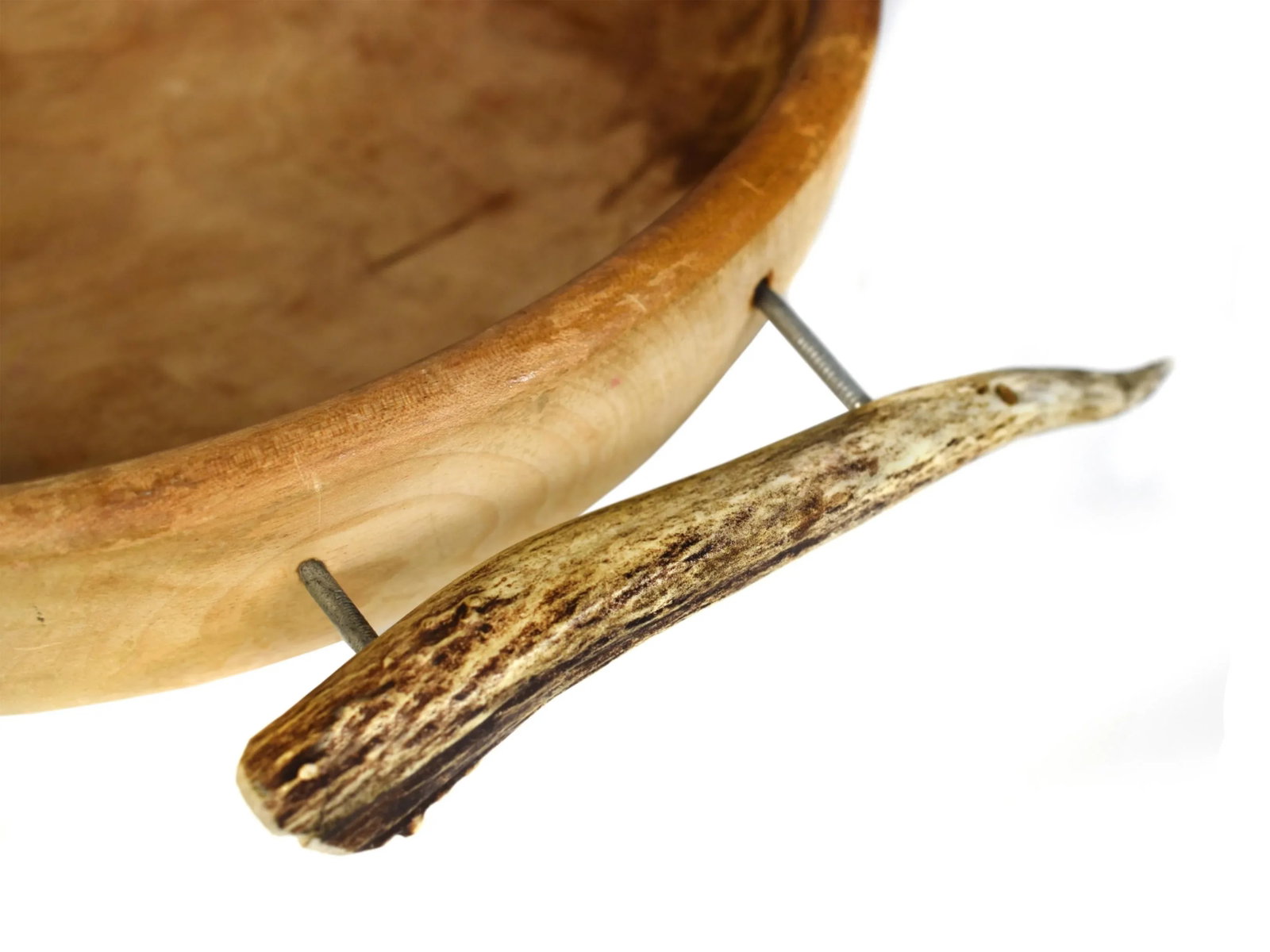 Mid-Century Organic Rustic Handmade Wood Carved Solid Wood Round Bowl With Natural Antler Handles - 6