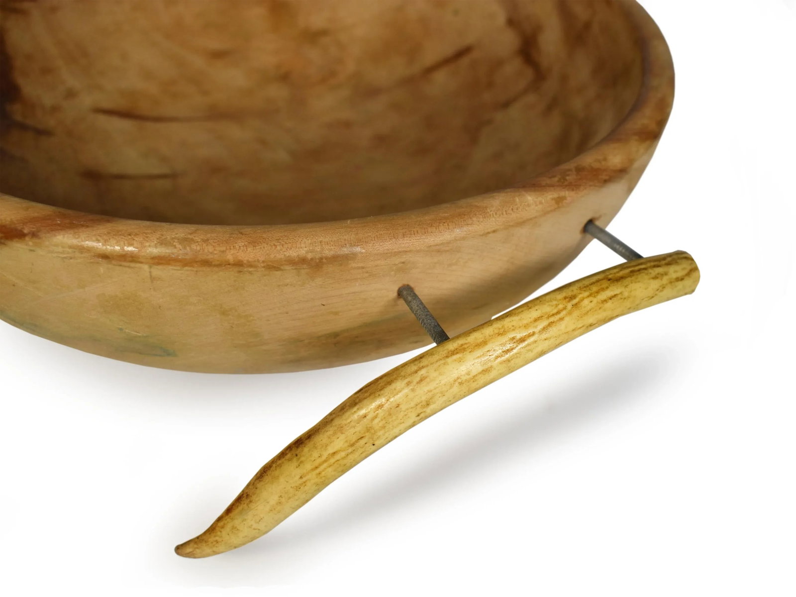 Mid-Century Organic Rustic Handmade Wood Carved Solid Wood Round Bowl With Natural Antler Handles - 7