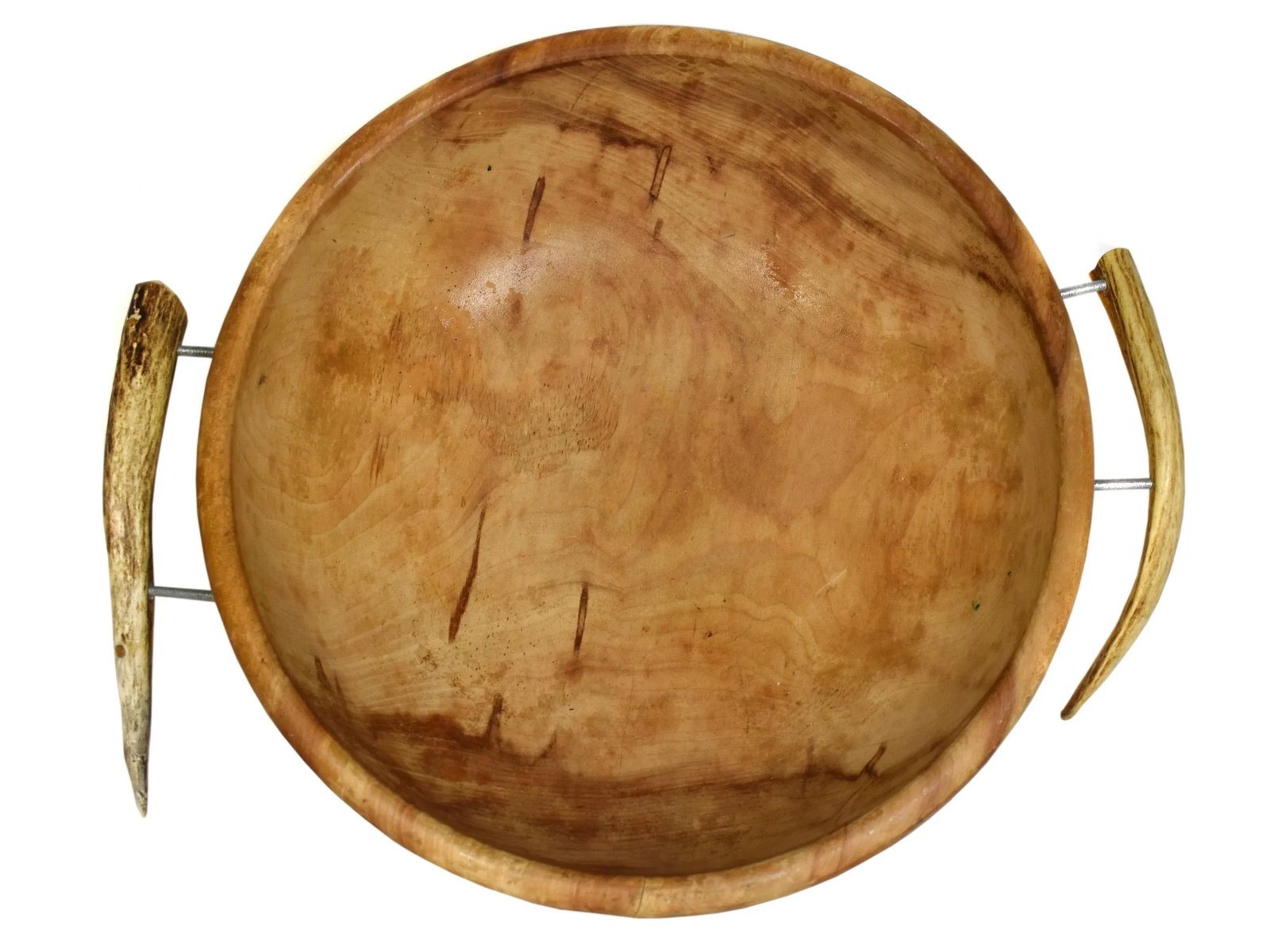 Mid-Century Organic Rustic Handmade Wood Carved Solid Wood Round Bowl With Natural Antler Handles - 8