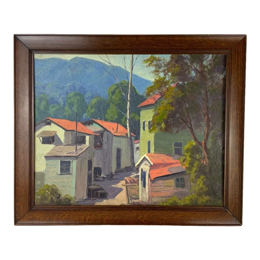1930's Scenic Oil on Canvas - Framed Painting: The vibrant red roofs on these homes make this plein air pop. A serene image of a charming little town in the hills is beautifully captured. The French term plein air means out of doors and refers to