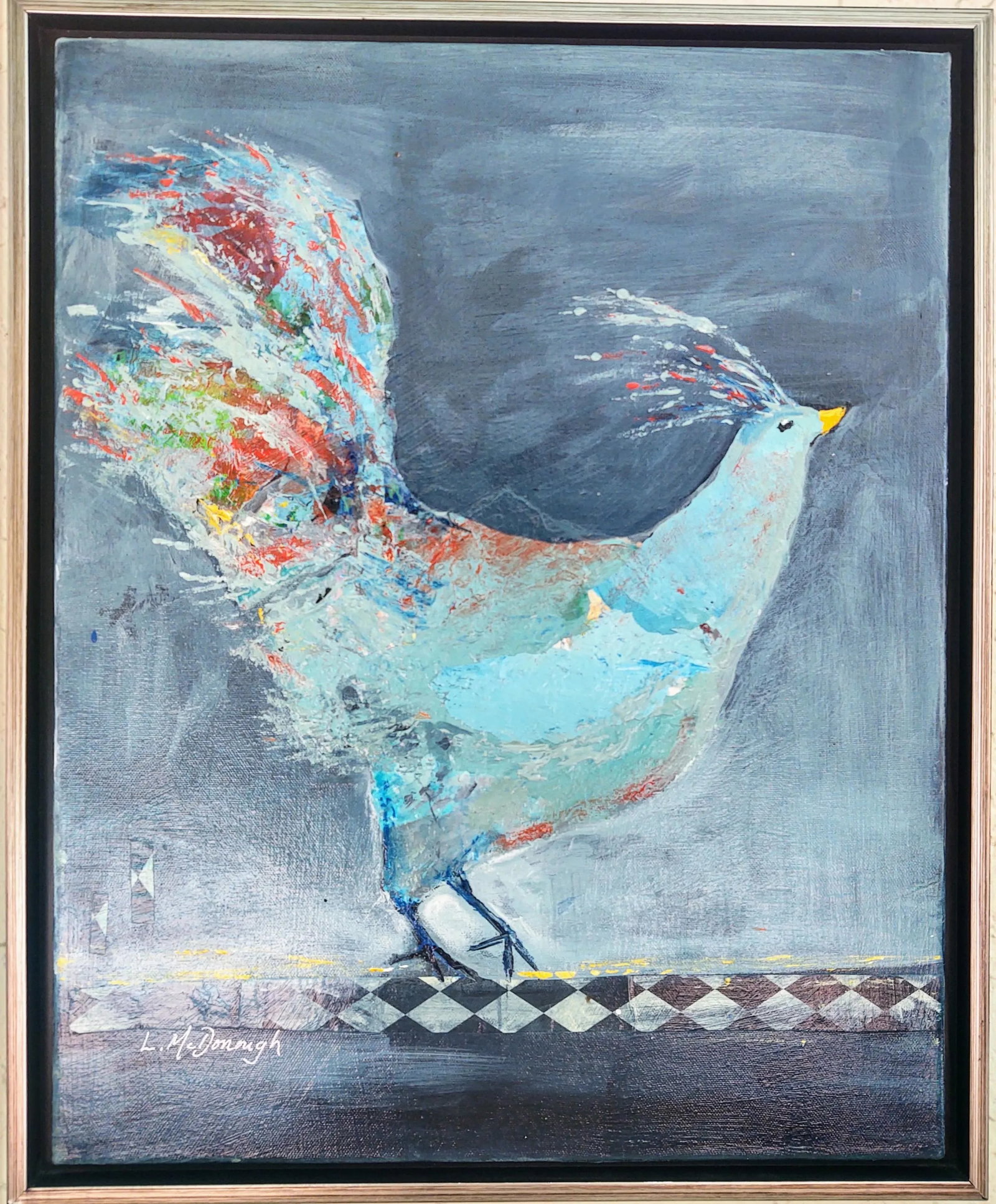 "Morning Strut" Contemporary Bird Acrylic Mixed-Media Painting by Linda McDonough, Framed - 10