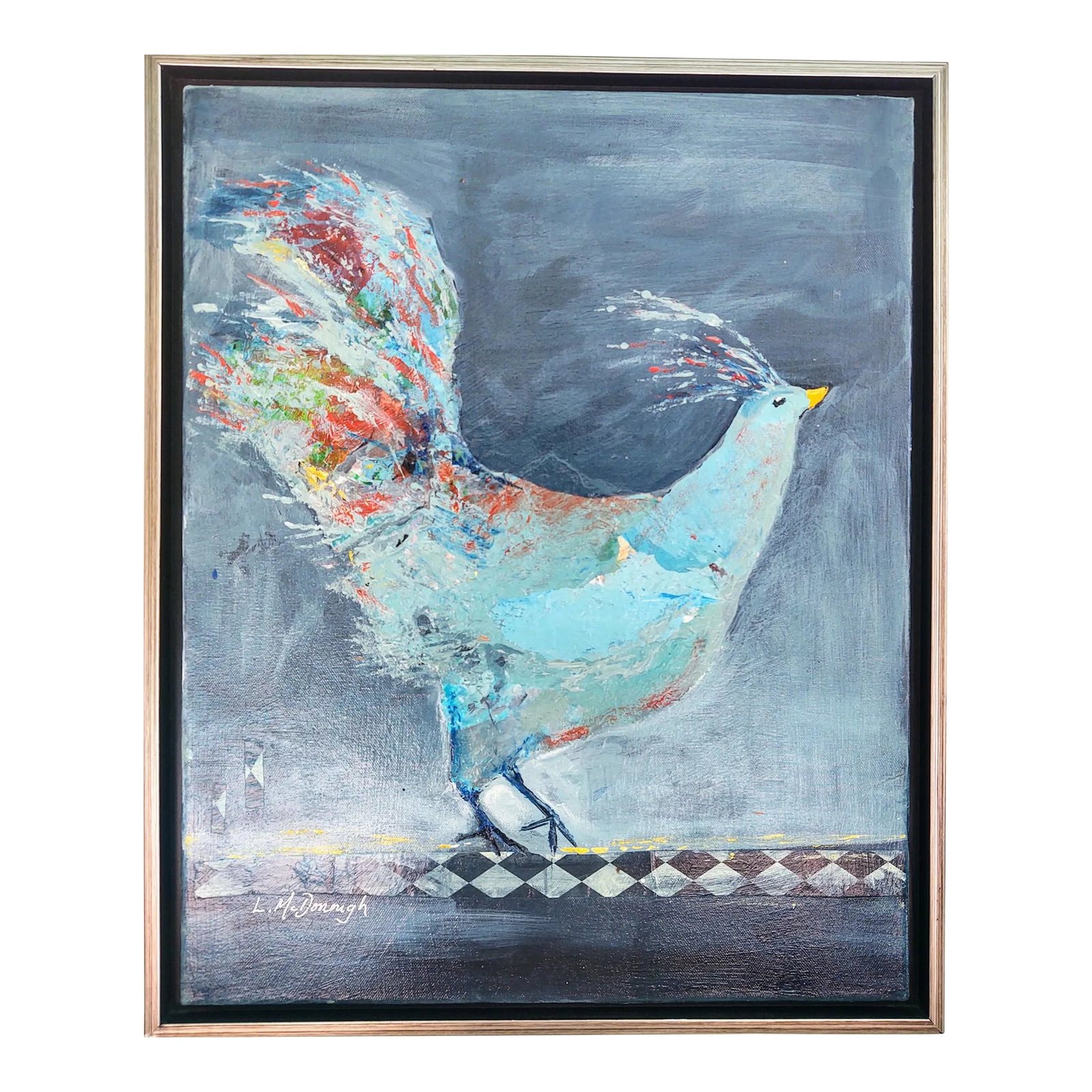 "Morning Strut" Contemporary Bird Acrylic Mixed-Media Painting by Linda McDonough, Framed: "Morning Strut" is an original mixed media acrylic rendering of a bird feeling puffed up and proud by Florida artist Linda McDonough. Made from acrylic paint skins and enhanced with acrylic paint, "Mo