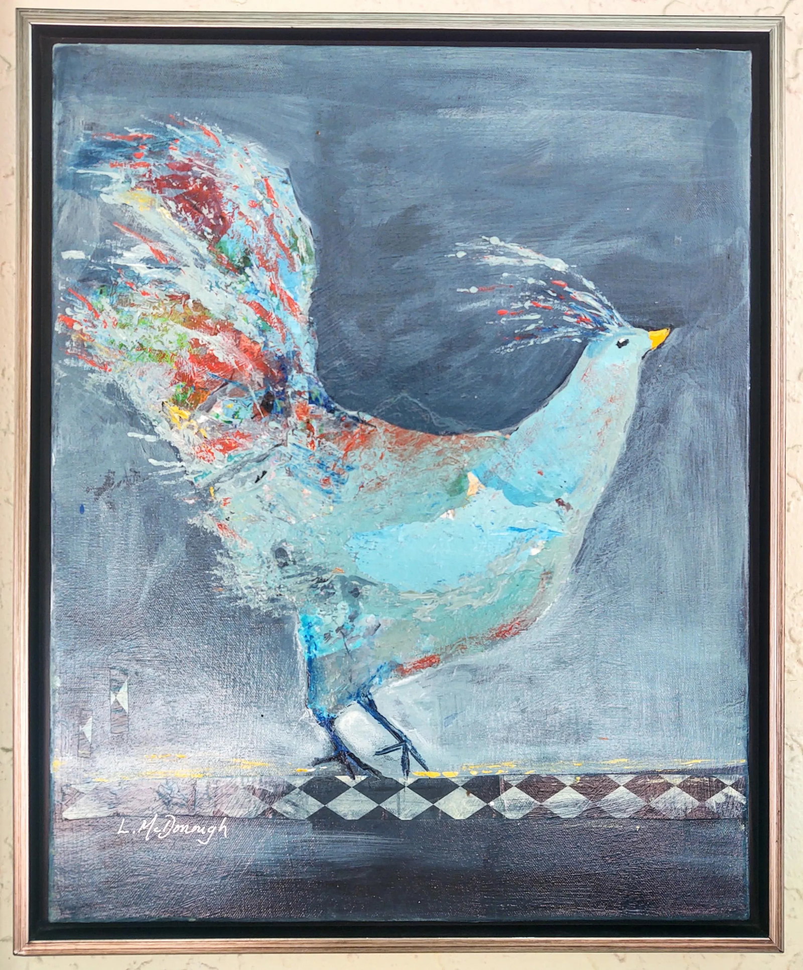 "Morning Strut" Contemporary Bird Acrylic Mixed-Media Painting by Linda McDonough, Framed - 8