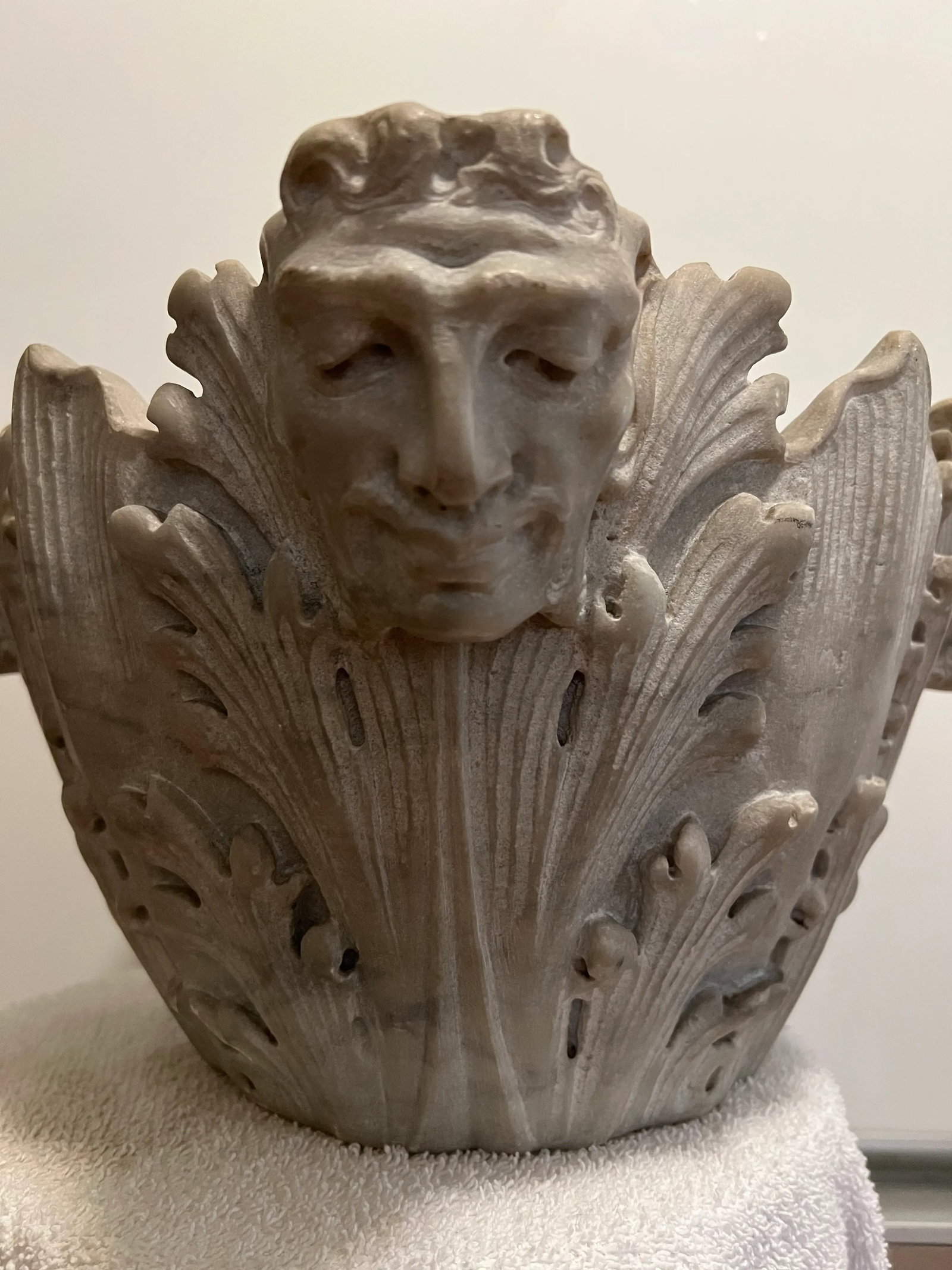 Antique Carved Marble Planter Urn Basin Capital With Four Heads - 7