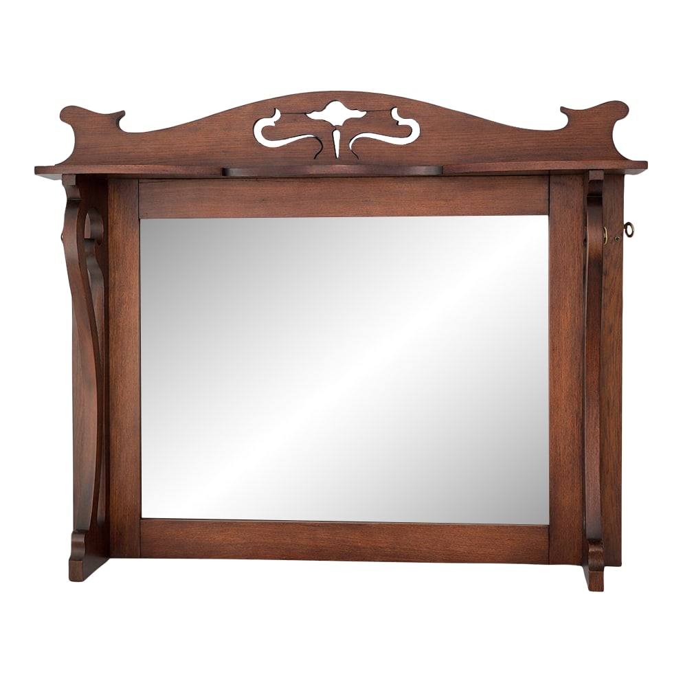 Circa 1910s Antique Arts & Crafts Oak Fireplace Overmantel Mirror: Wonderful oak mirror for over a fireplace mantel. Has the lines and design of the Arts & Crafts style. Large beveled mirror. The cut out columns have an interesting curve which is simple yet special.