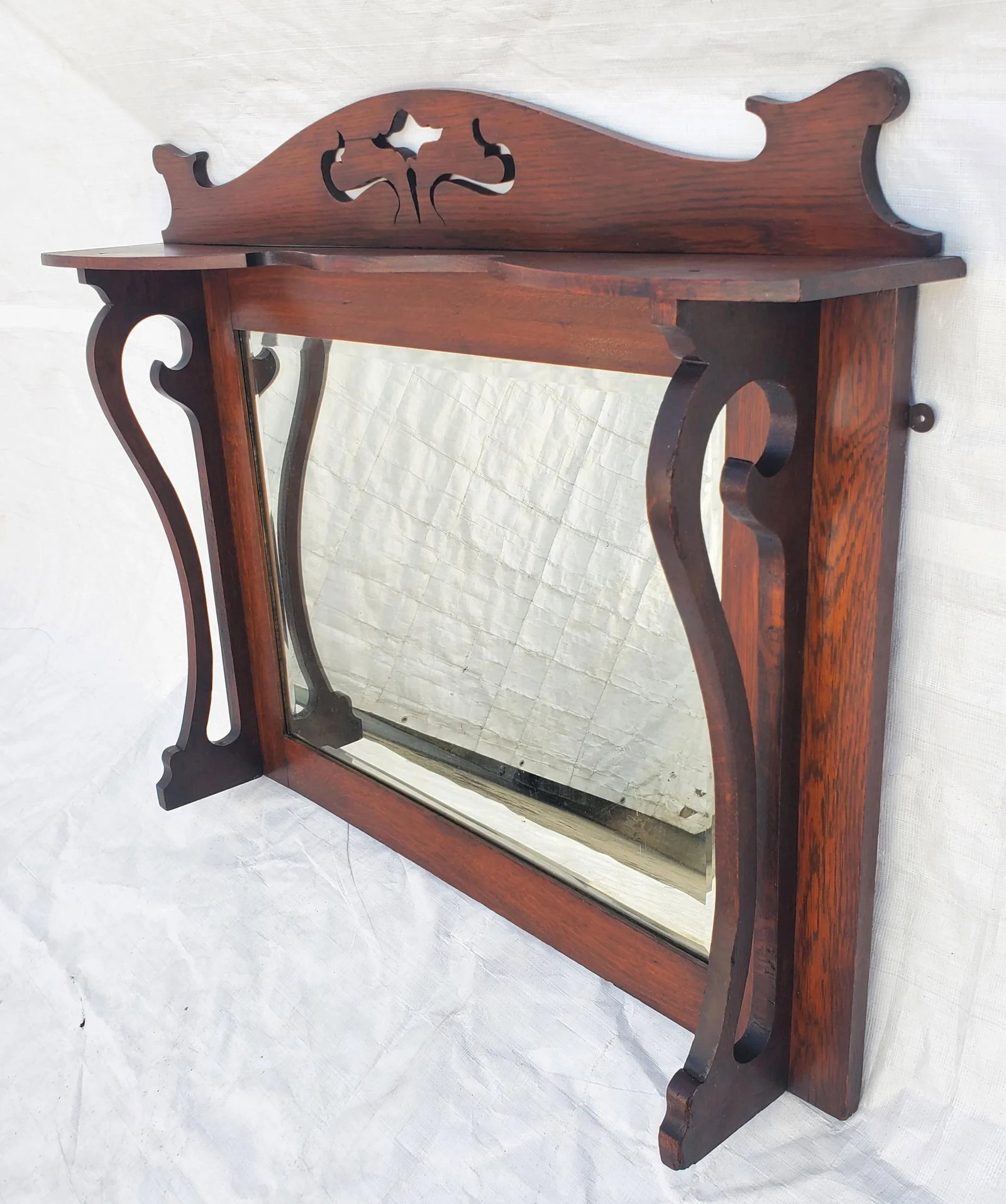 Circa 1910s Antique Arts & Crafts Oak Fireplace Overmantel Mirror - 3