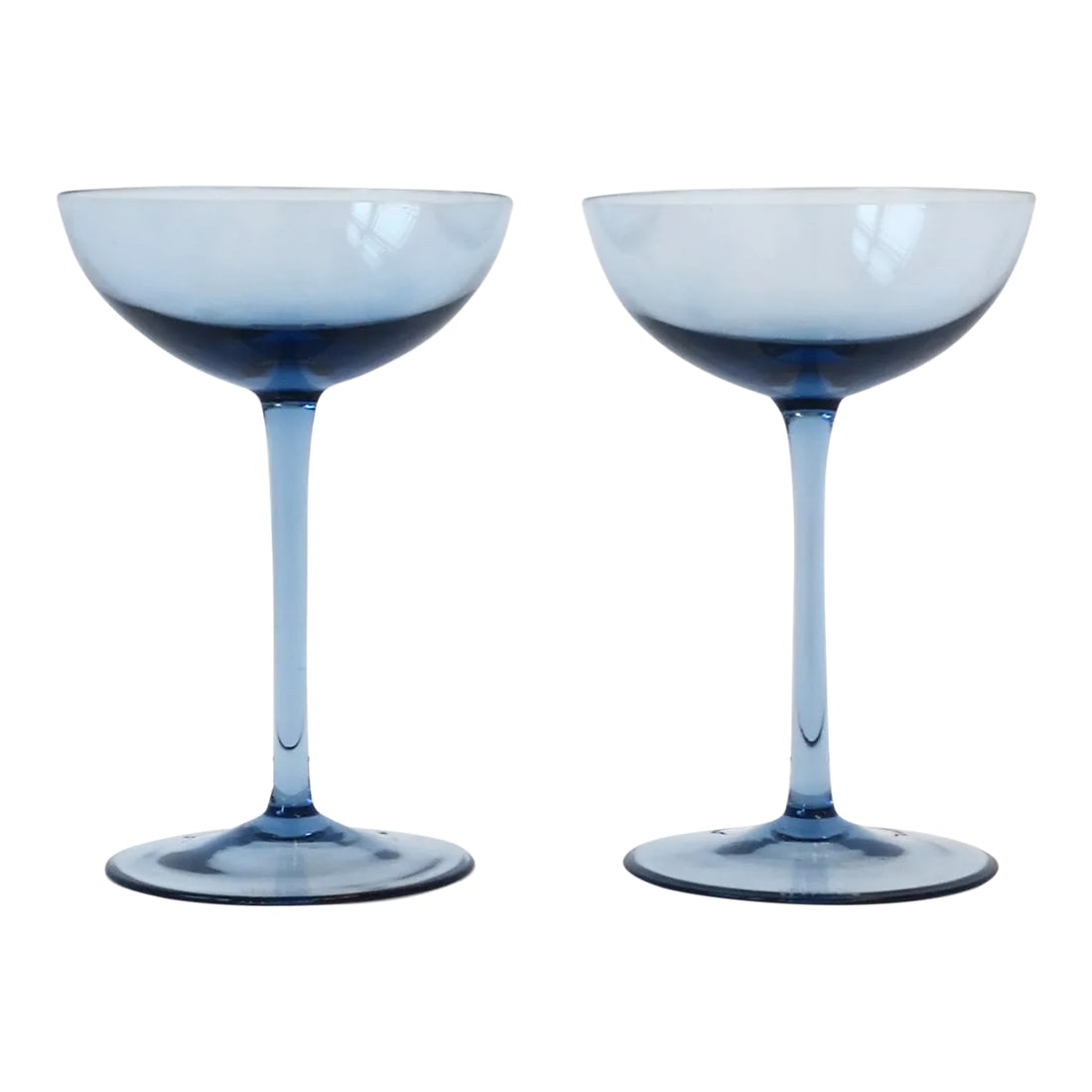 Italian Murano Cocktail or Champagne Coupe Glasses, Vincenzo Nason & Cie, 1990s: A beautiful pair of Italian Murano blue cocktail or Champagne coupe glasses by Vincenzo Nason & Cie, circa late-20th century, 1990s, Italy. Pair was purchased at Barney's New York in the mid-1990s. Wi
