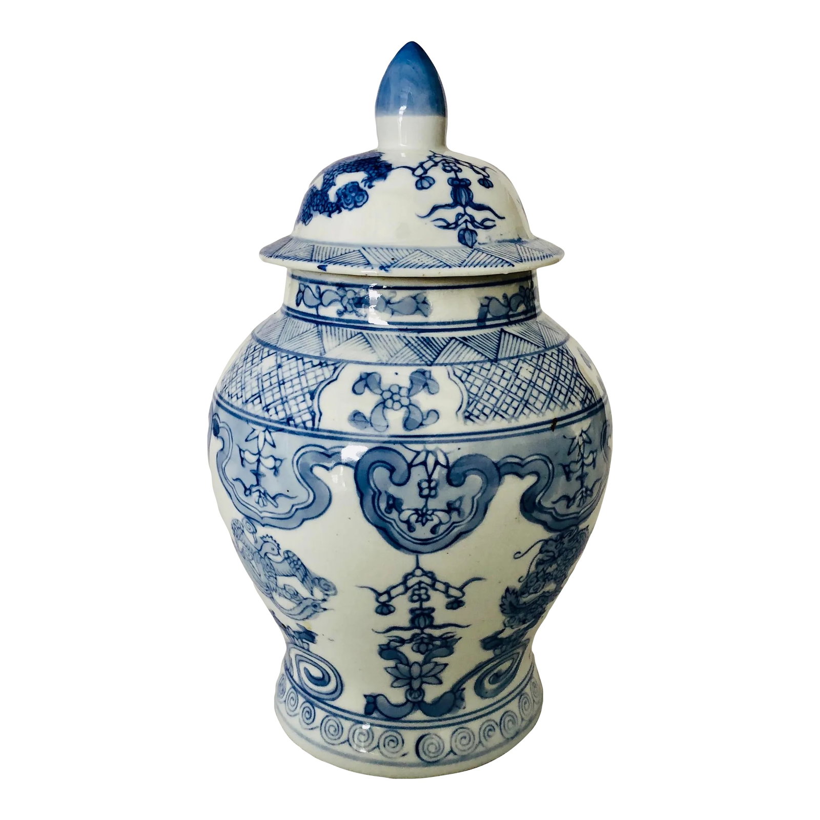 90's Chinese Blue & White Porcelain Lidded Ginger Jar: 1990's Chinese Blue & White Porcelain Lidded Ginger Jar, In excellent condition. 10.25"H X 5.5"D Condition: Alterations: Original Condition Unaltered Imperfections: Some Imperfections Condition Notes: