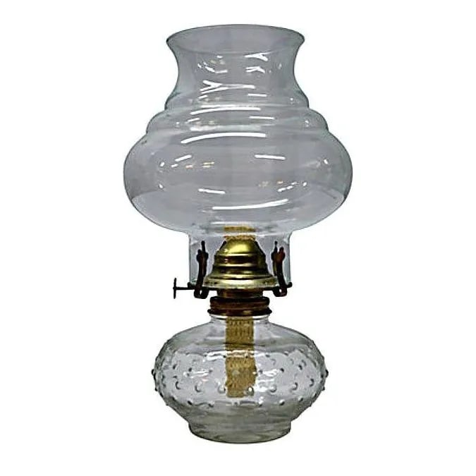 Vintage Clear Glass Oil Lamp: Vintage oil lamp in unused condition. Gorgeous scrollwork design clear glass hurricane and hobnail glass oil recipient. Condition: Alterations: Original Condition Unaltered Imperfections: Some