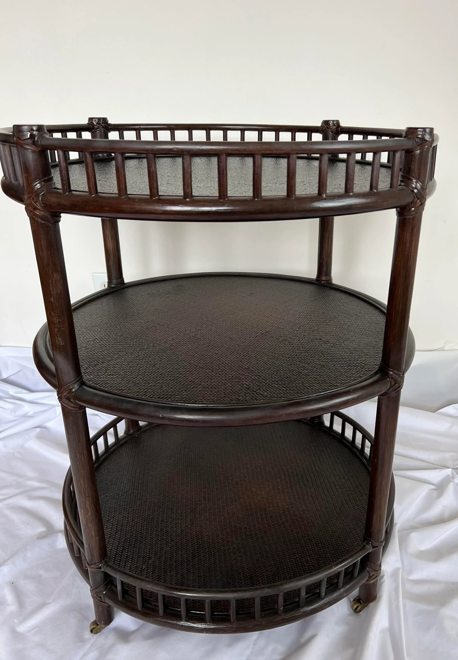 1990s McGuire Three Tier Ebonized Rattan Rolling Bar Cart - 6