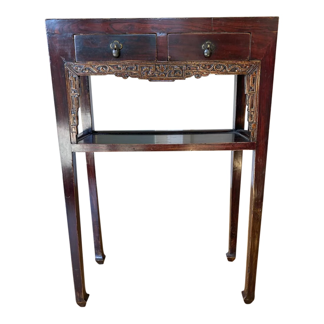 Early 19th Century Antique Two-Layer High Incense Stand: This elegant corner-leg Incense Stand is traditional Ming style with provincial characteristics. The apron is carved with flowers and angular scroll motifs, flush side with horsehoof legs. It has two
