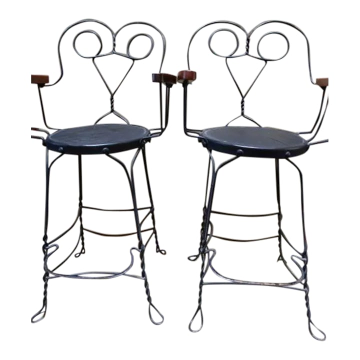 Antique French Wrought Iron Counter Stools - a Pair: A pair of super bar stools, French, and wrought iron, wood seats and arm rests. Intricately designed. Each stool 20 1/4" wide x19" deep x 42 1/2" high x 14" seat depth. Seat height 26" and arm rest is