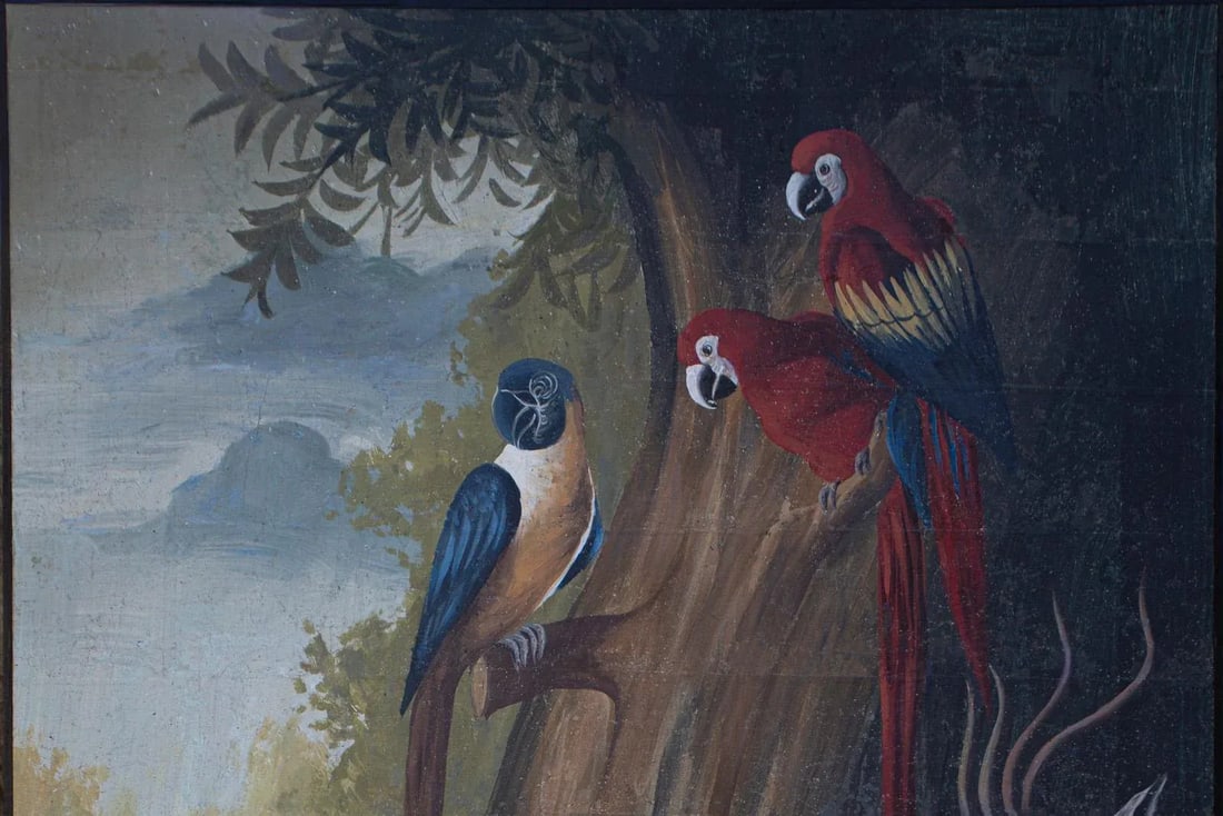 Vintage Hand Painted Paper on Wood Panel With Exotic Parrots and Antelopes - 2