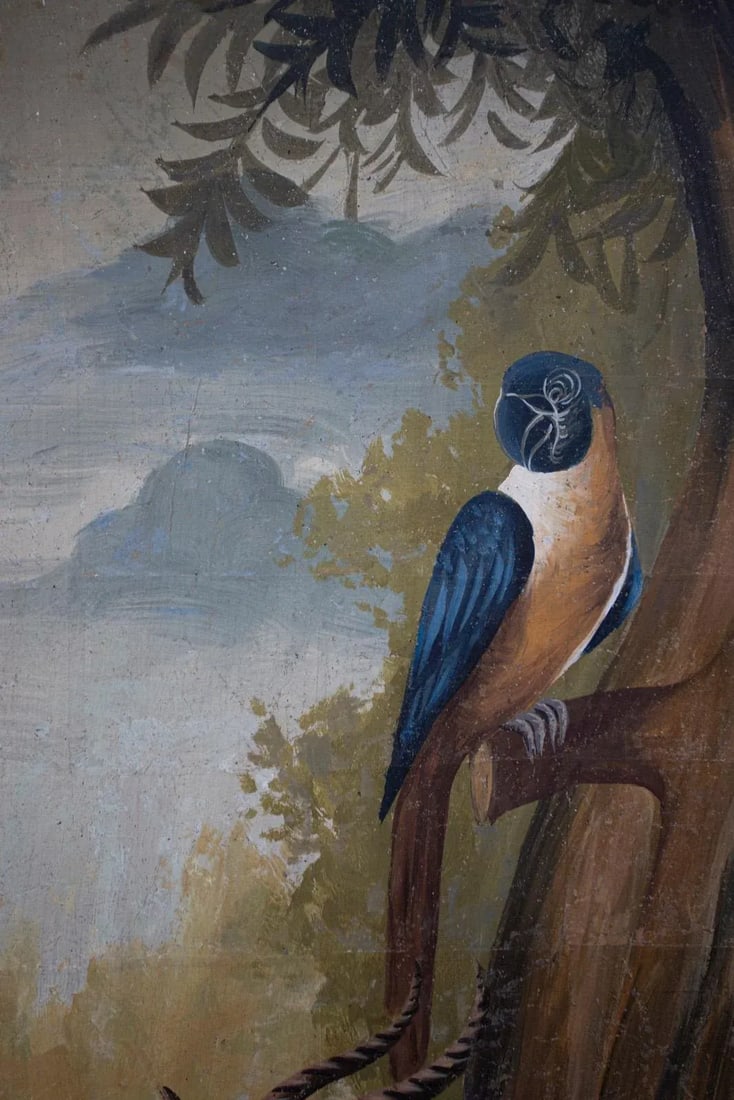 Vintage Hand Painted Paper on Wood Panel With Exotic Parrots and Antelopes - 5