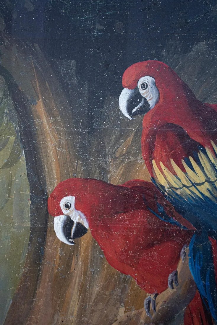 Vintage Hand Painted Paper on Wood Panel With Exotic Parrots and Antelopes - 9