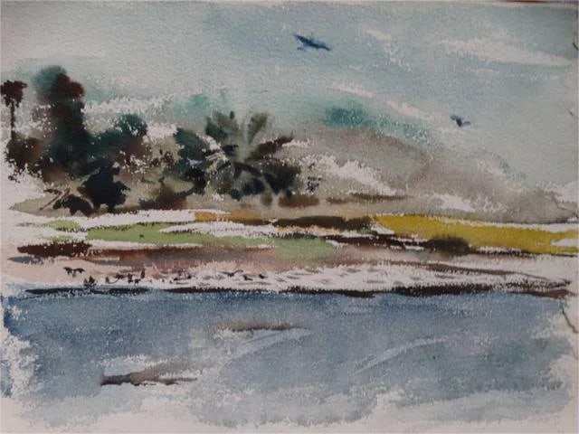 Pacific Theater War Beach Watercolor: Interesting look at what we think is a war beach view from the Pacific Theater, WWII. Watercolor, unsigned, 11 x 9. Condition: Condition Notes: Excellent - Minor wear consistent with age and history