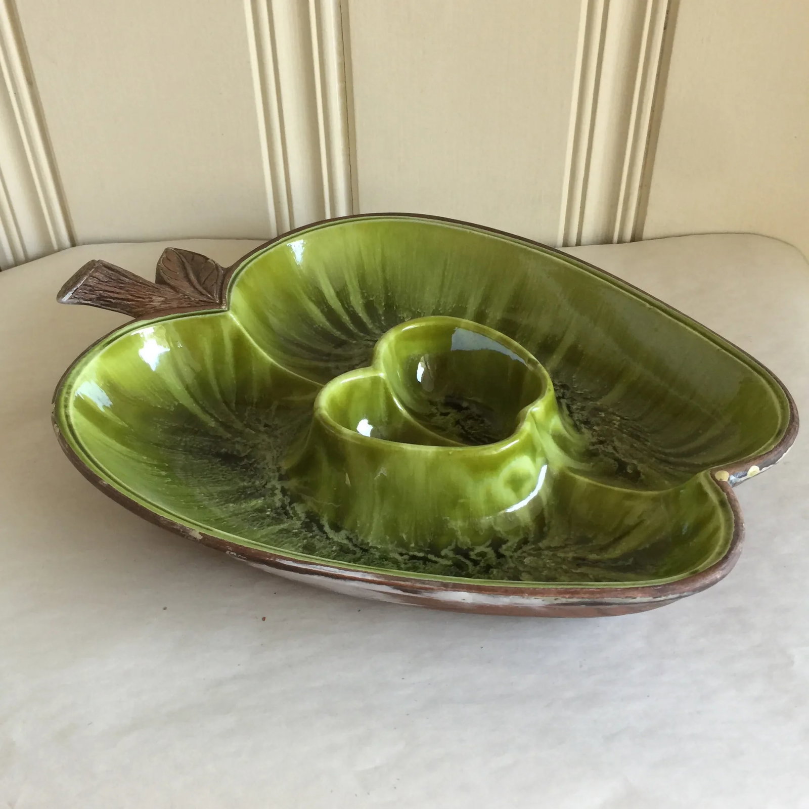 Mid-Century Green Ceramic Dip & Chip Platter - 3