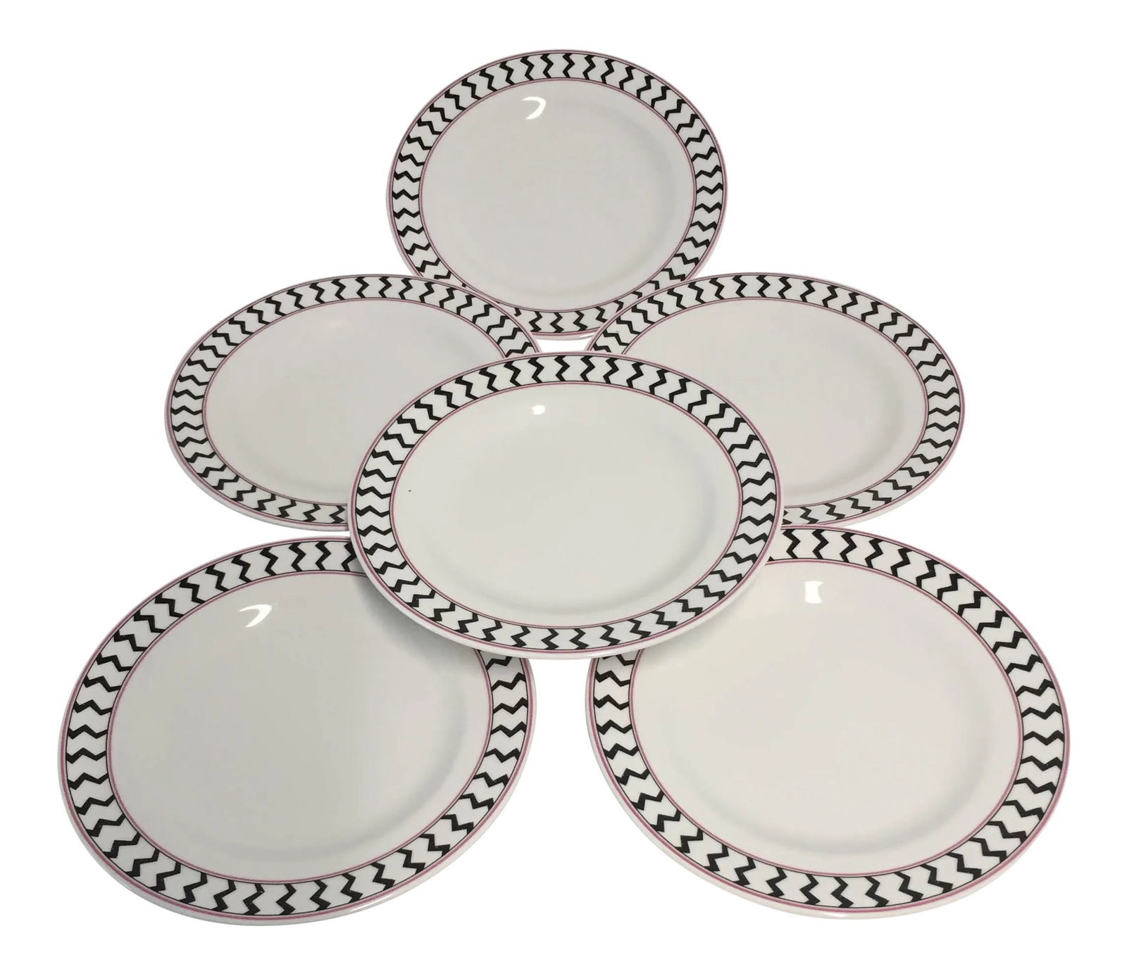 Set of 6"MIKASA" Dessert/Butter Plates: Beautiful set of six dessert or butter plates with hot pink and soft black rim makers mark reads " MIKASA ALUMICRON CHINA, JAPAN" Excellent condition. 6.5"D X .75"H Condition: Alterations: Original