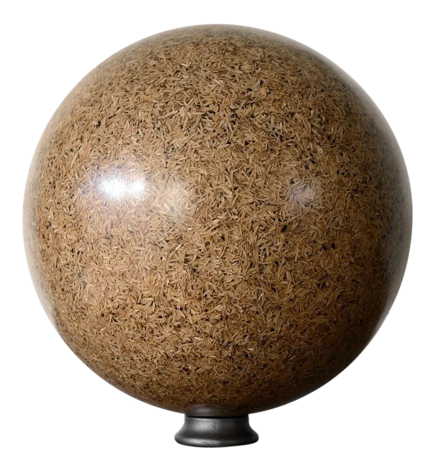 Rice Husk Lucite Sphere Sculpture: Not sure what kind of description would do this piece justice as it is one of the most unique one-off objects you'll ever see! This is a decorative spherical lucite sculpture filled with rice husks