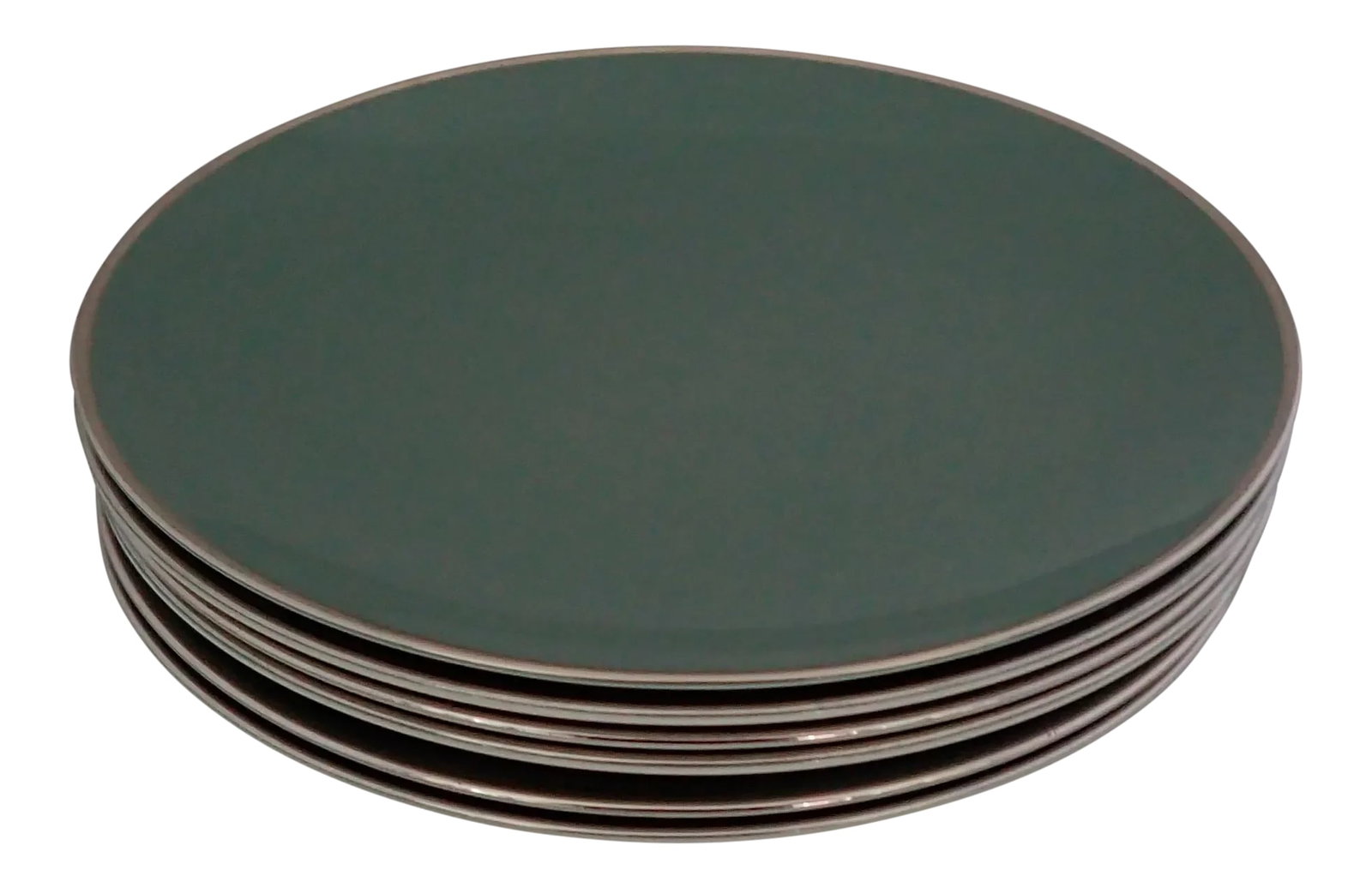 Midcentury Franciscan Salad Plates S/6: Mid century set of six salad plates green with platinum trim, maker mark reads "Franciscan China Gladding Mcbean & CO. Spruce Made in California " Very good condition, lightly used" 8.15"D X .75"H