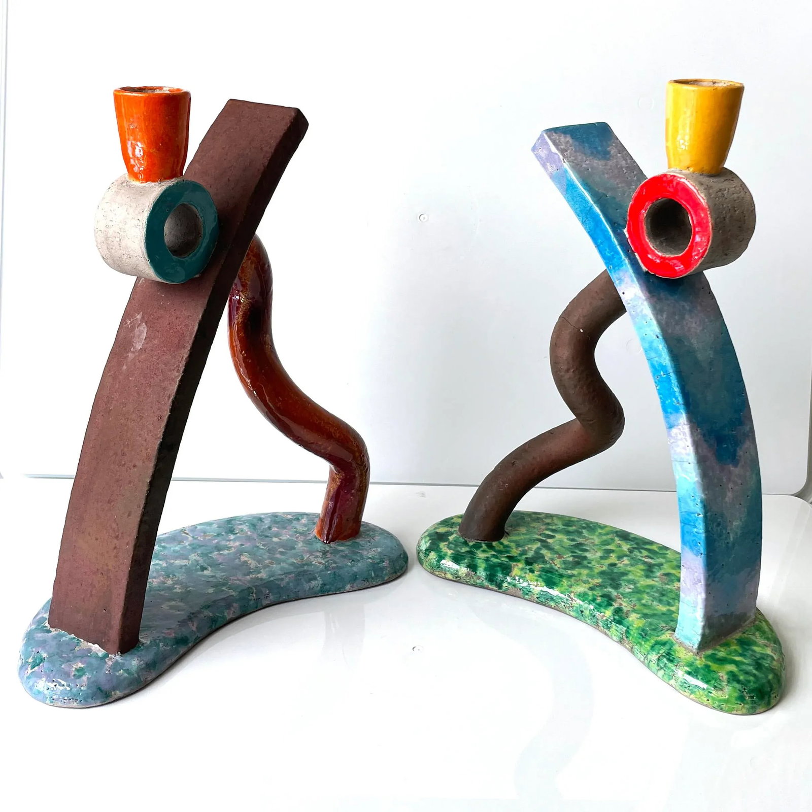 Pair of Memphis Studio Ceramic Candlestick Holders, Signed 1991 - 4