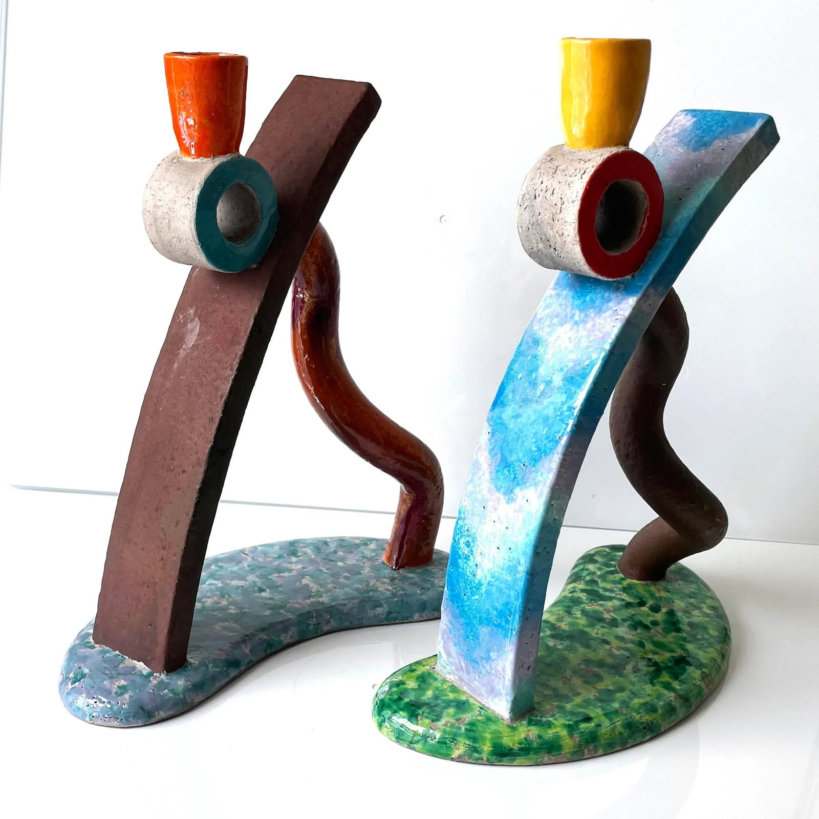 Pair of Memphis Studio Ceramic Candlestick Holders, Signed 1991 - 5