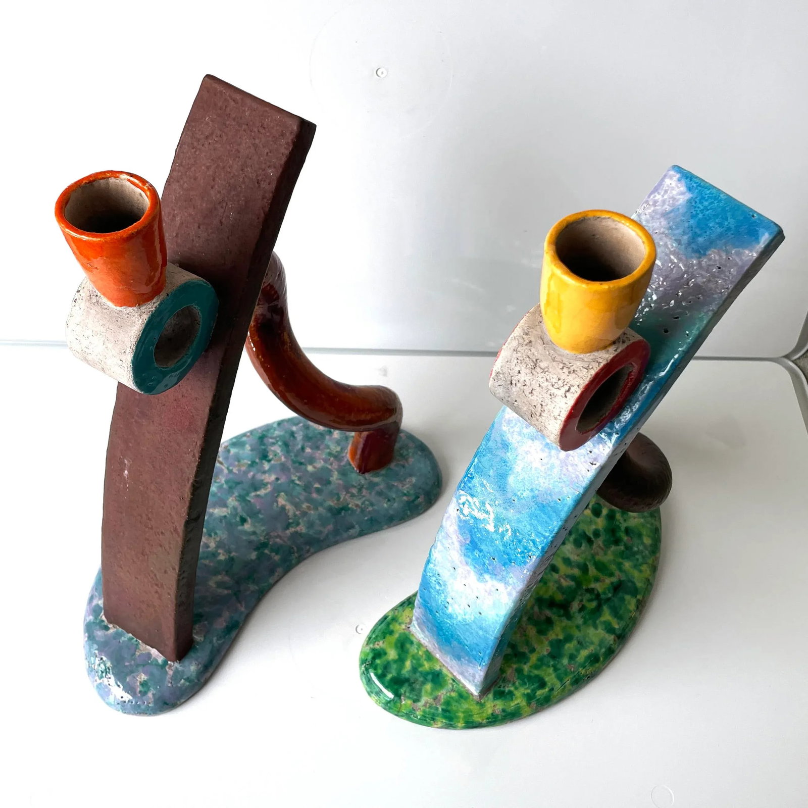Pair of Memphis Studio Ceramic Candlestick Holders, Signed 1991 - 6