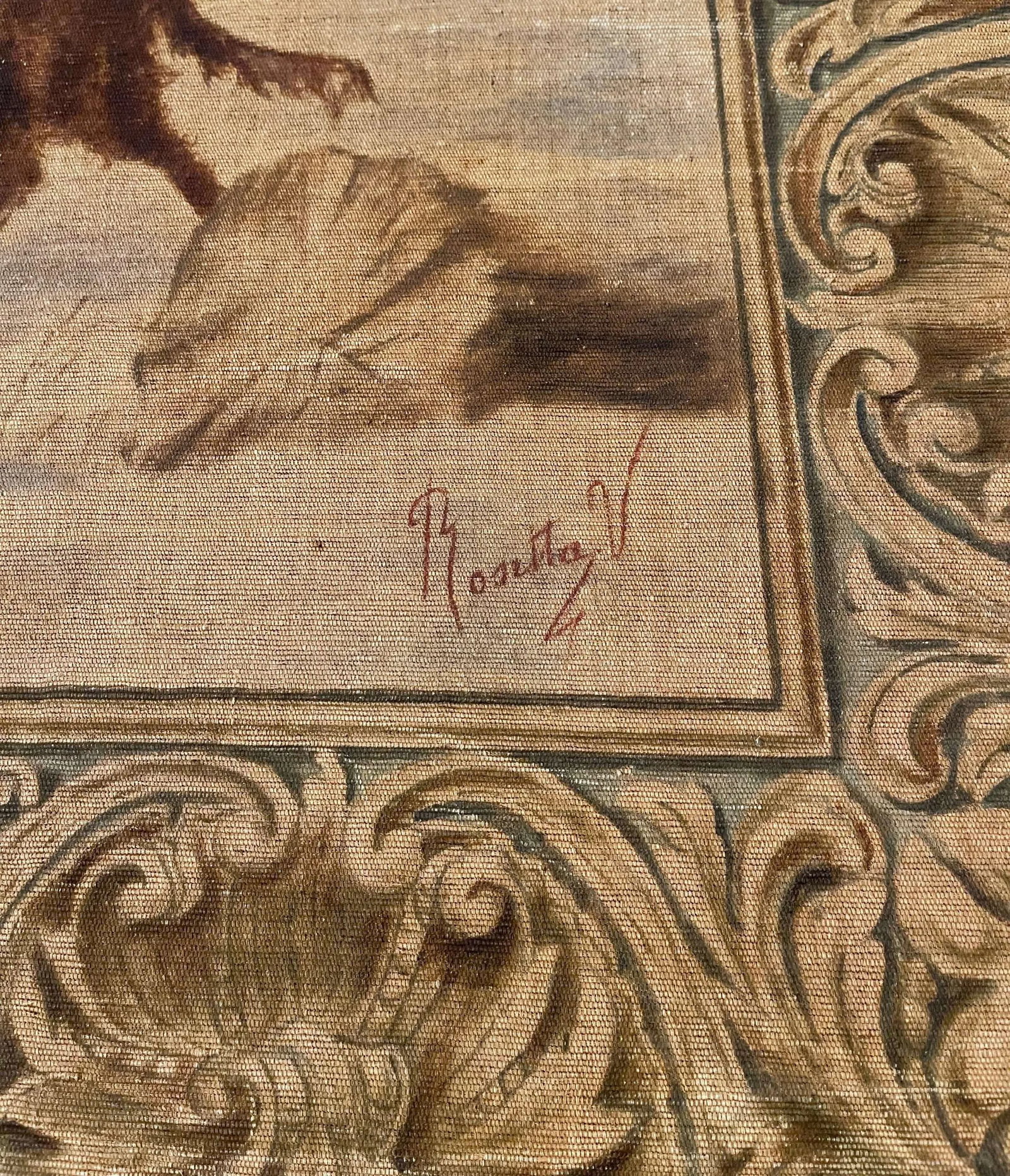 19th Century French Hand Painted Pastoral Canvas Tapestry Signed Rosetta V. - 11
