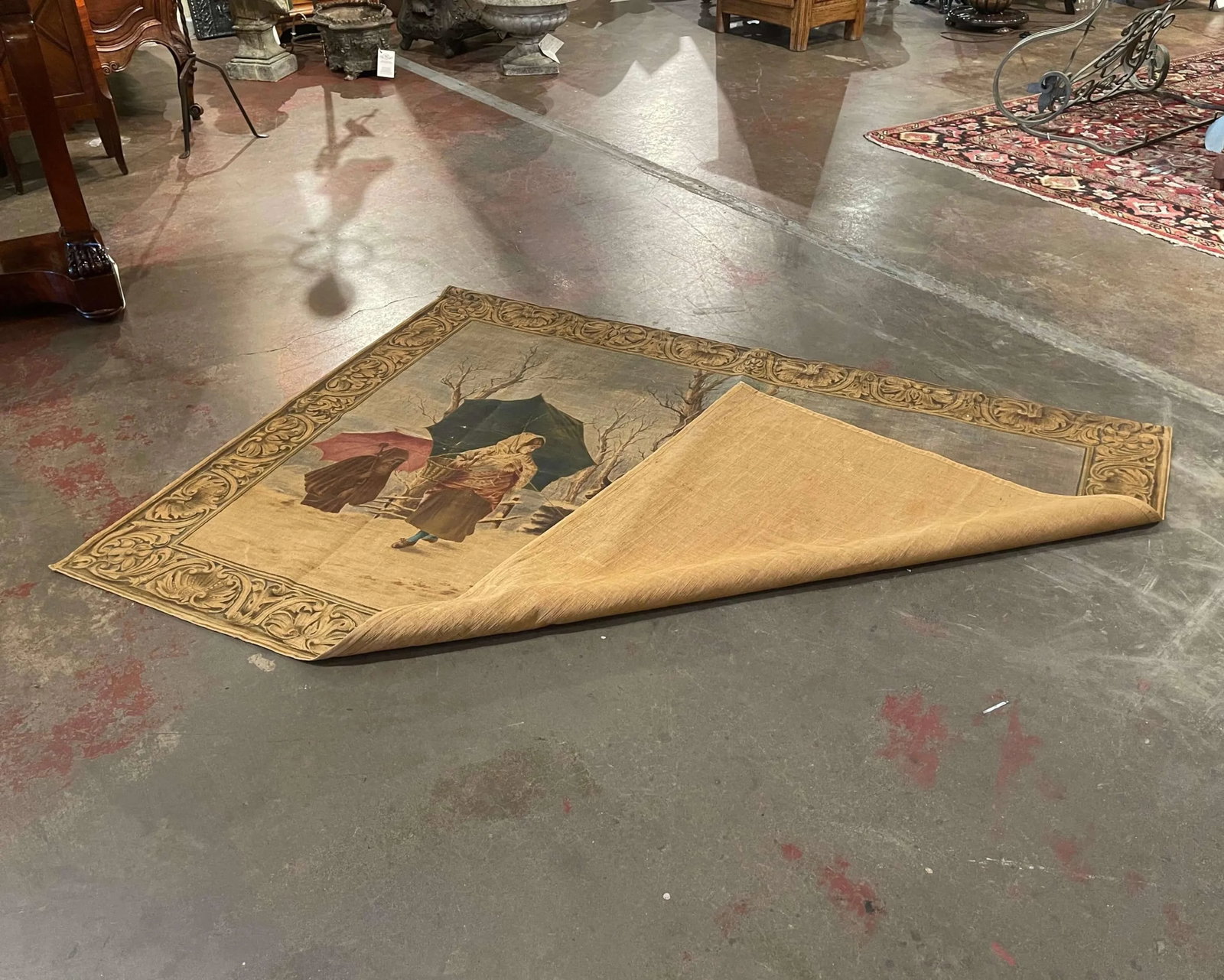 19th Century French Hand Painted Pastoral Canvas Tapestry Signed Rosetta V. - 12