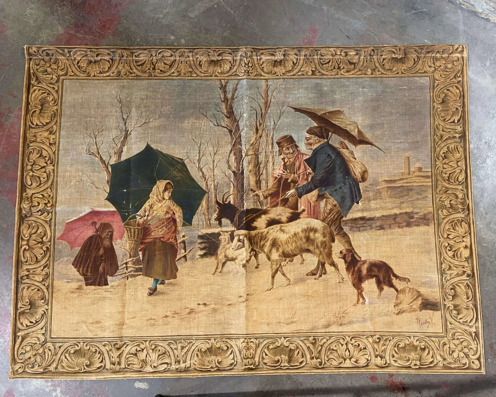 19th Century French Hand Painted Pastoral Canvas Tapestry Signed Rosetta V. - 13