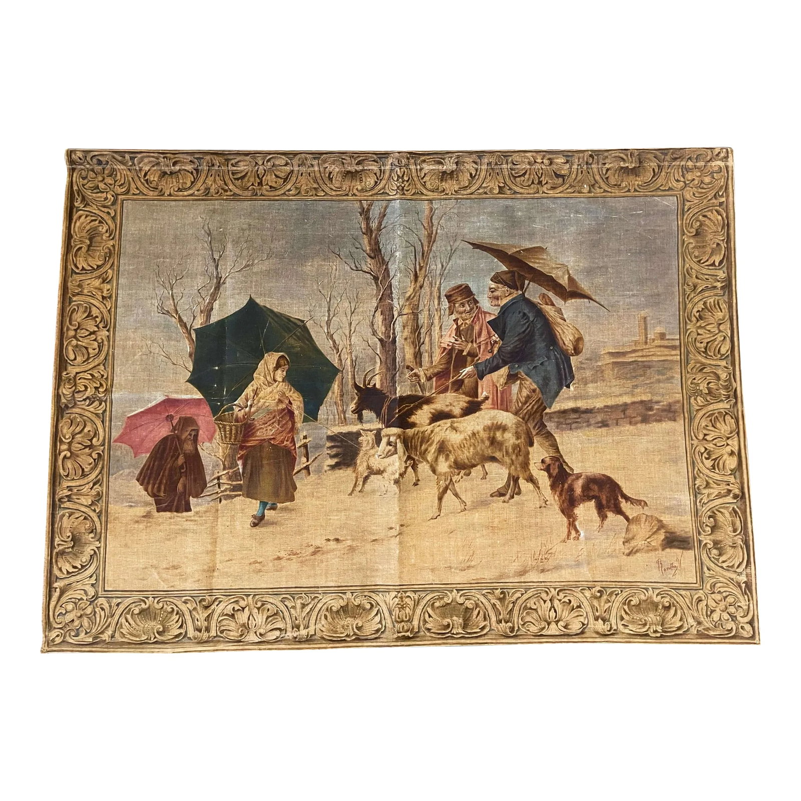 19th Century French Hand Painted Pastoral Canvas Tapestry Signed Rosetta V.: This six foot hand painted canvas was crafted in France, circa 1870. The antique tapestry features an outdoor pastoral genre scene in the manner of David Teniers; the artwork, signed by the artist