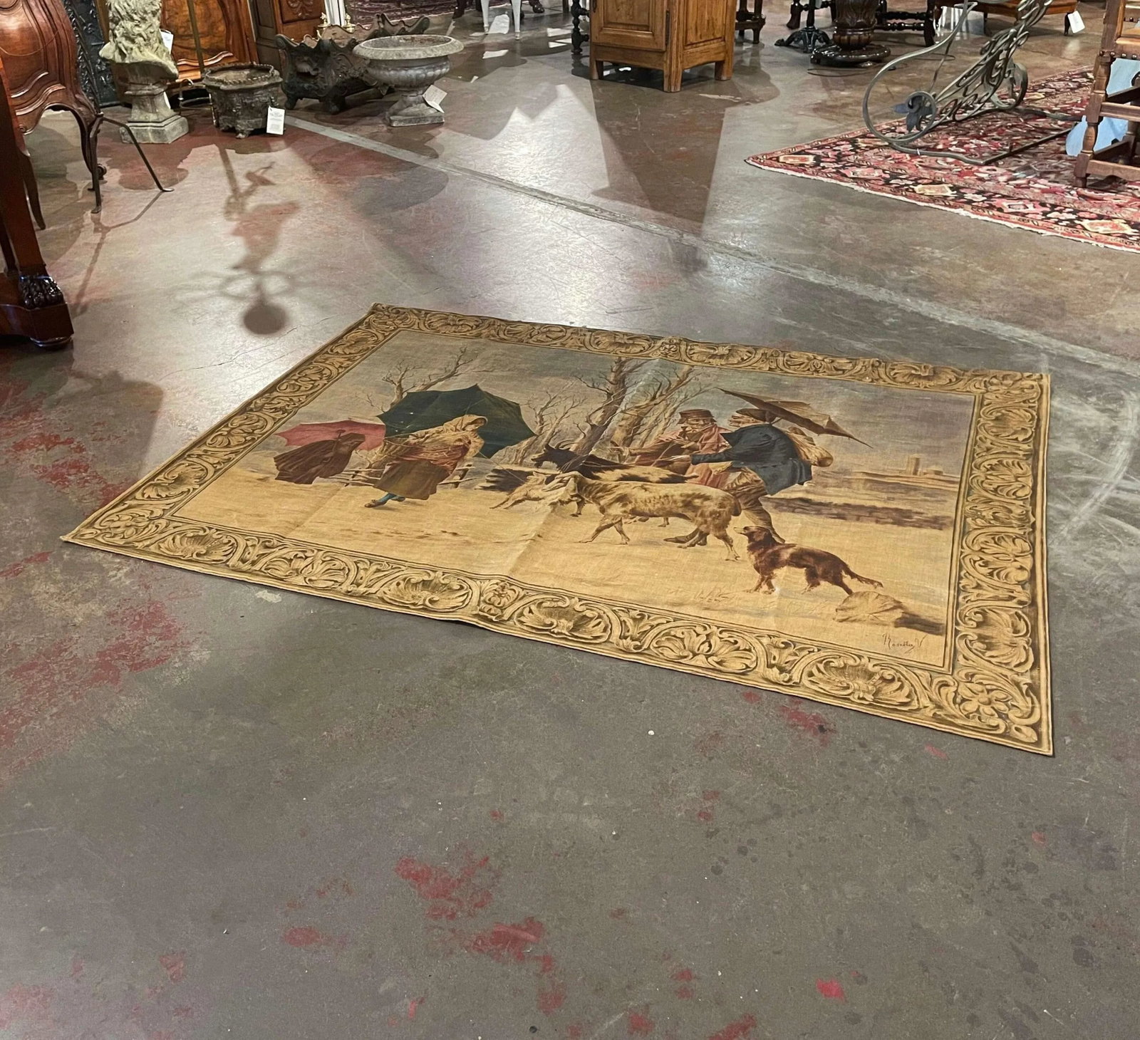 19th Century French Hand Painted Pastoral Canvas Tapestry Signed Rosetta V. - 2