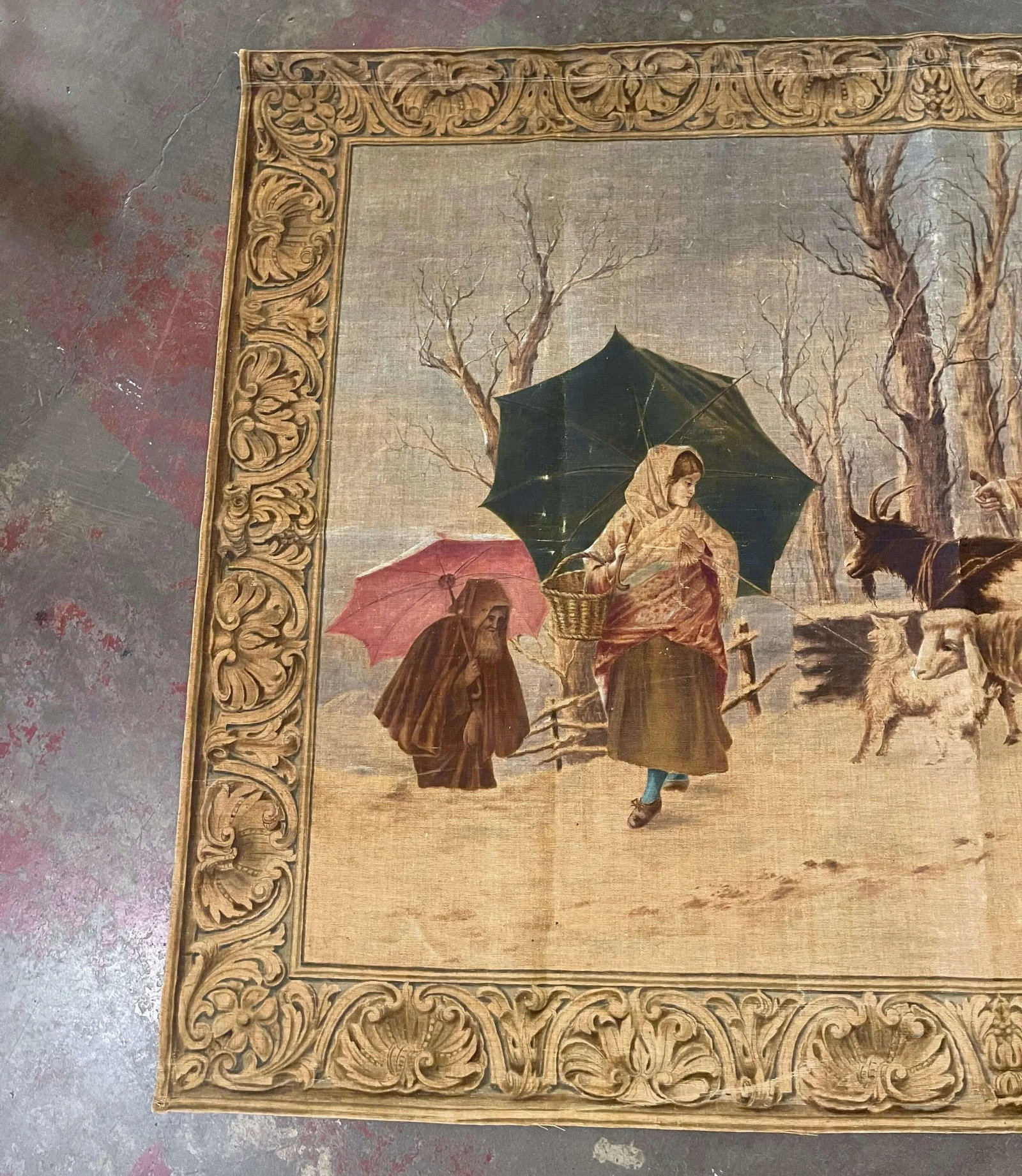 19th Century French Hand Painted Pastoral Canvas Tapestry Signed Rosetta V. - 3