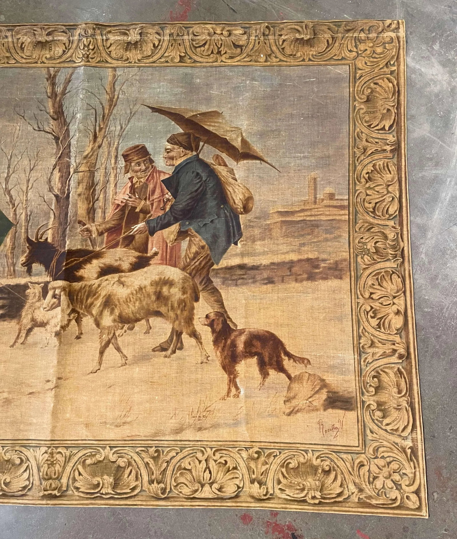 19th Century French Hand Painted Pastoral Canvas Tapestry Signed Rosetta V. - 4