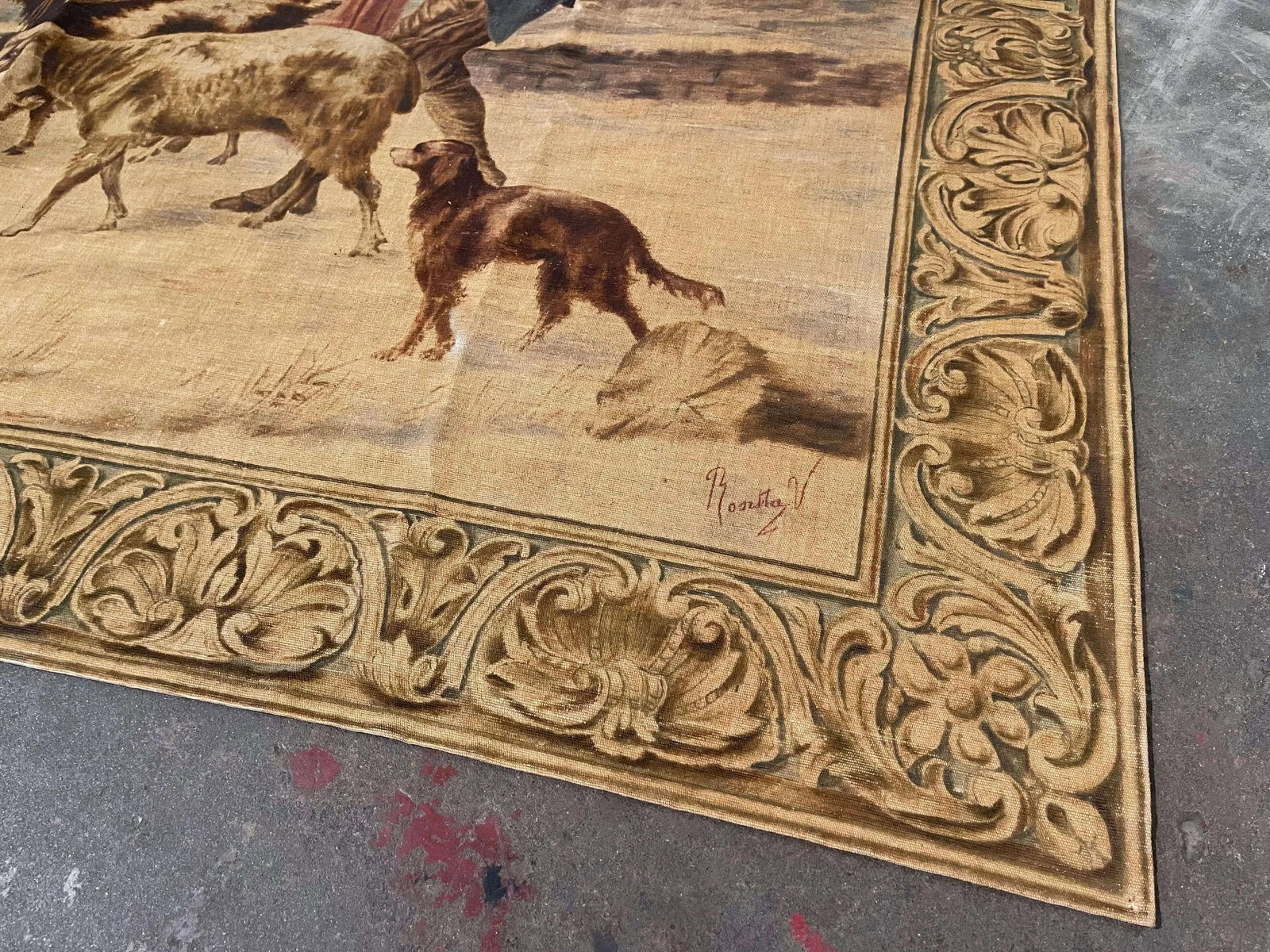 19th Century French Hand Painted Pastoral Canvas Tapestry Signed Rosetta V. - 6