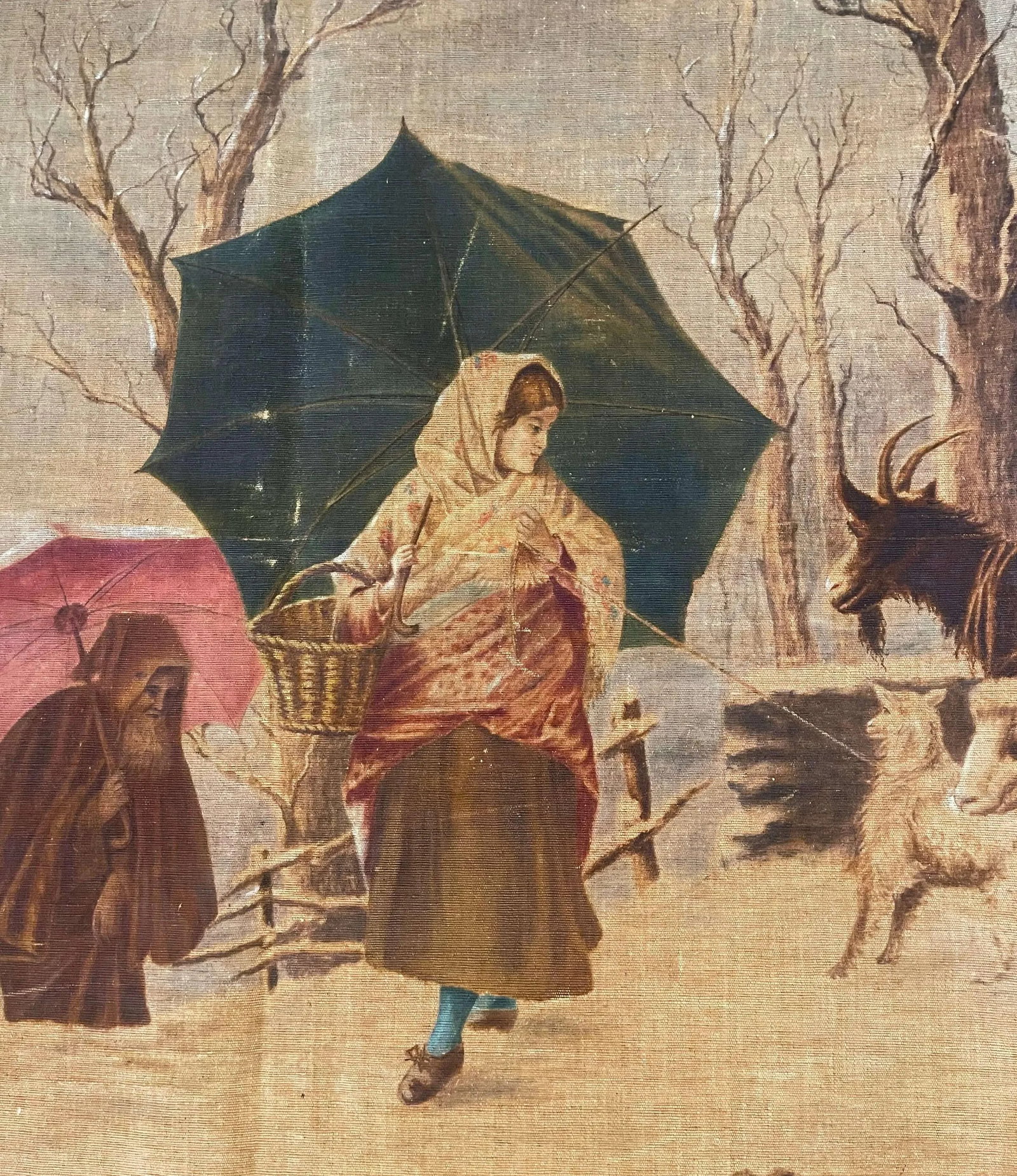 19th Century French Hand Painted Pastoral Canvas Tapestry Signed Rosetta V. - 7
