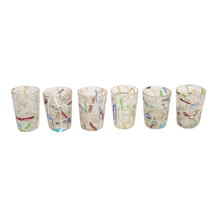 Vintage 1980's Italian Murano Style Hand Blown Abstract Glasses Barware, Set of 6: These vibrant abstract hand blown Italian Murano style glasses have applied glass textural forms creating a painterly feel and look. They are great barware and each glass is different as they are