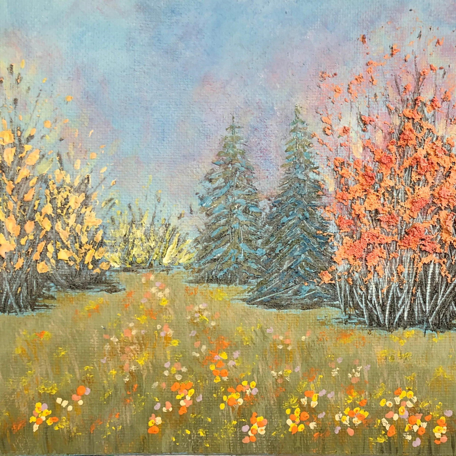 "Walk Through a Flowering Meadow" Contemporary Impressionist Style Landscape Painting by Deb Bossert: This gorgeous floral painting is titled "Walk Through a Flowering Meadow" and is size 6" x 6". This unique and beautiful artwork has colorful trees and sky in the background and a field of multi