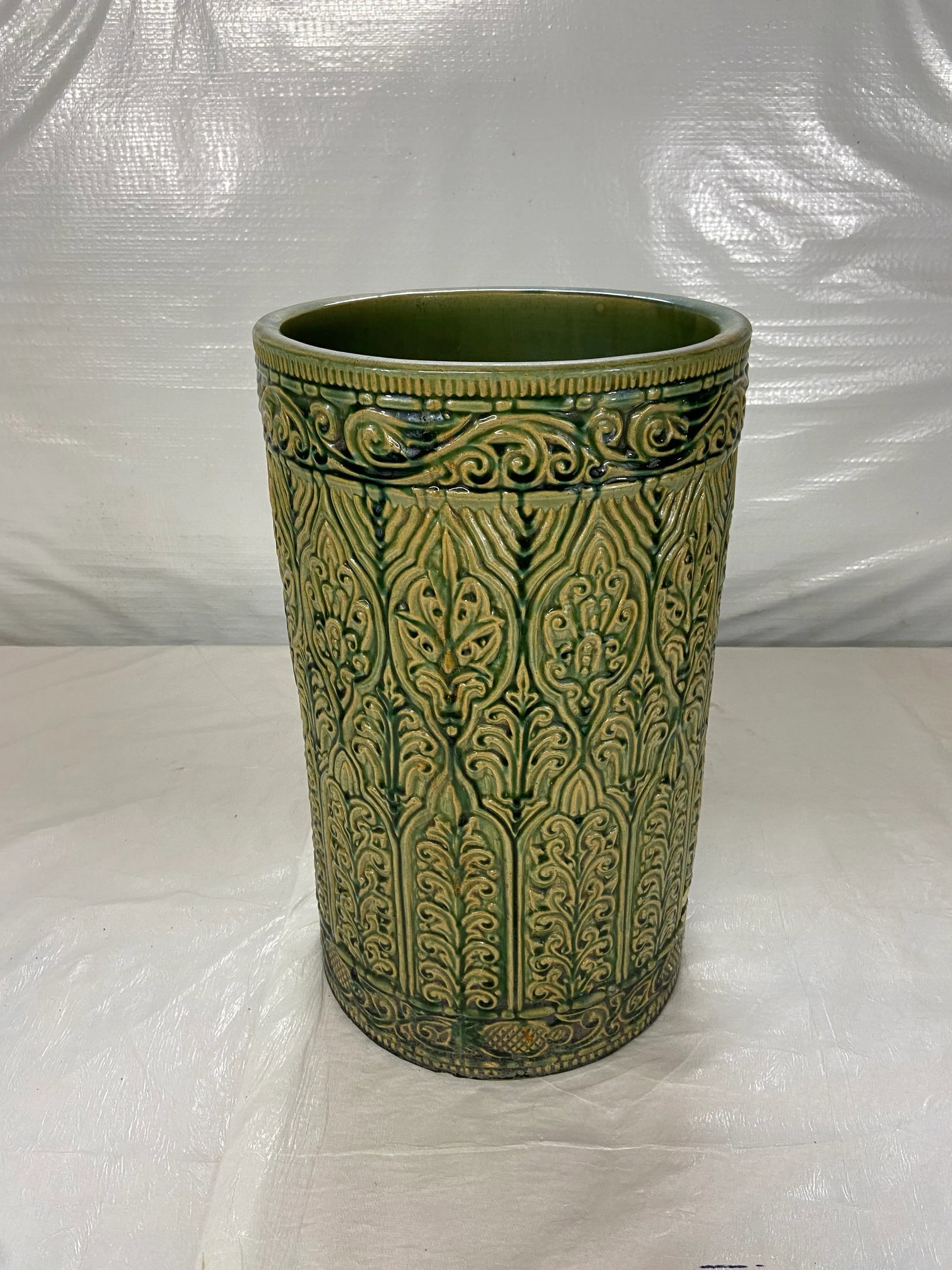Antique Green Glazed Majolica Umbrella Stand - 2
