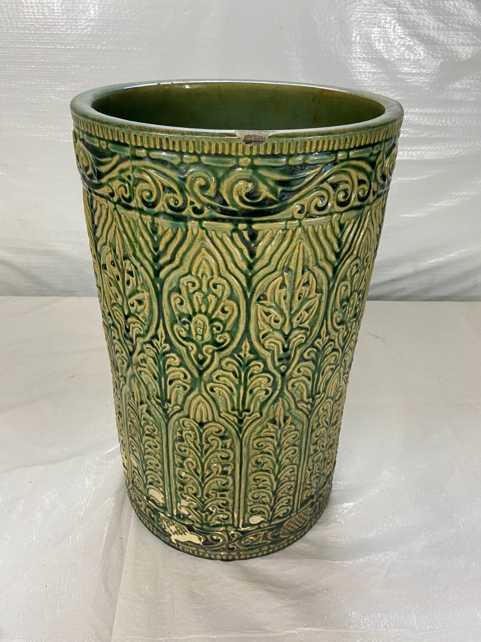 Antique Green Glazed Majolica Umbrella Stand - 3