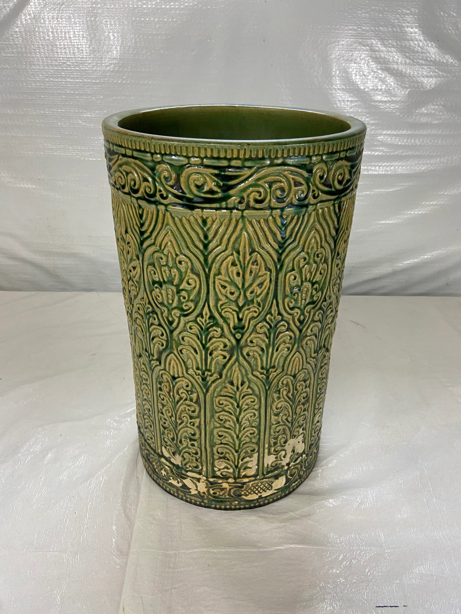 Antique Green Glazed Majolica Umbrella Stand - 4