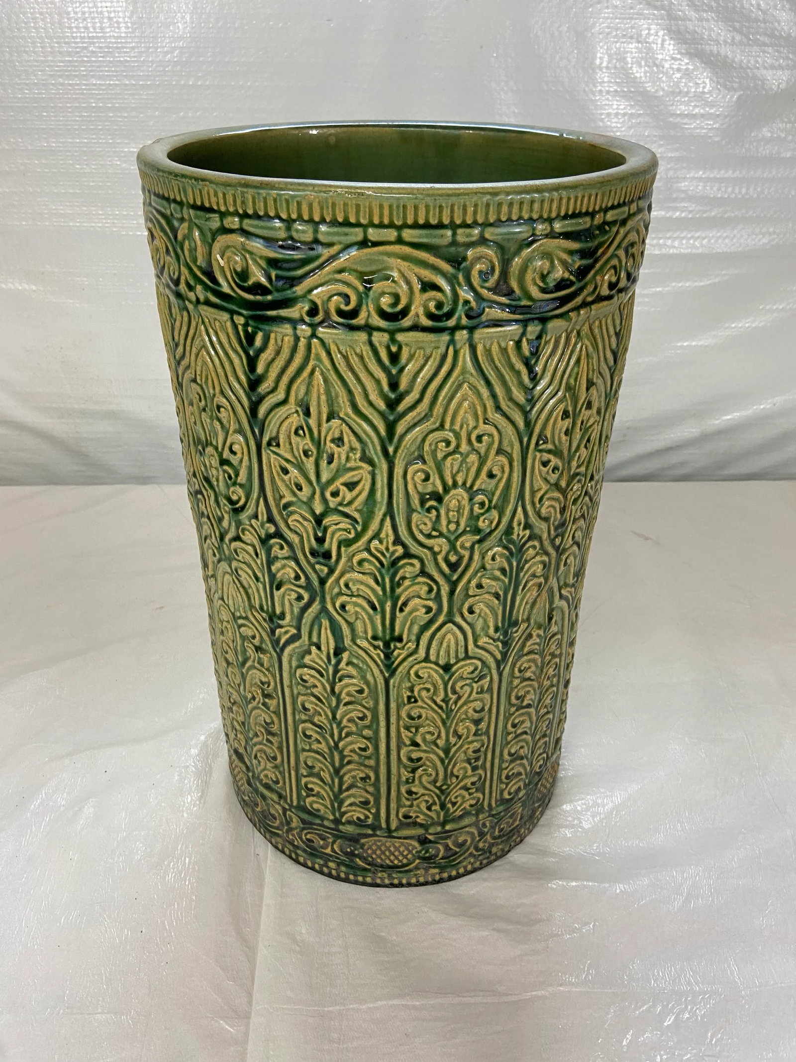 Antique Green Glazed Majolica Umbrella Stand - 8