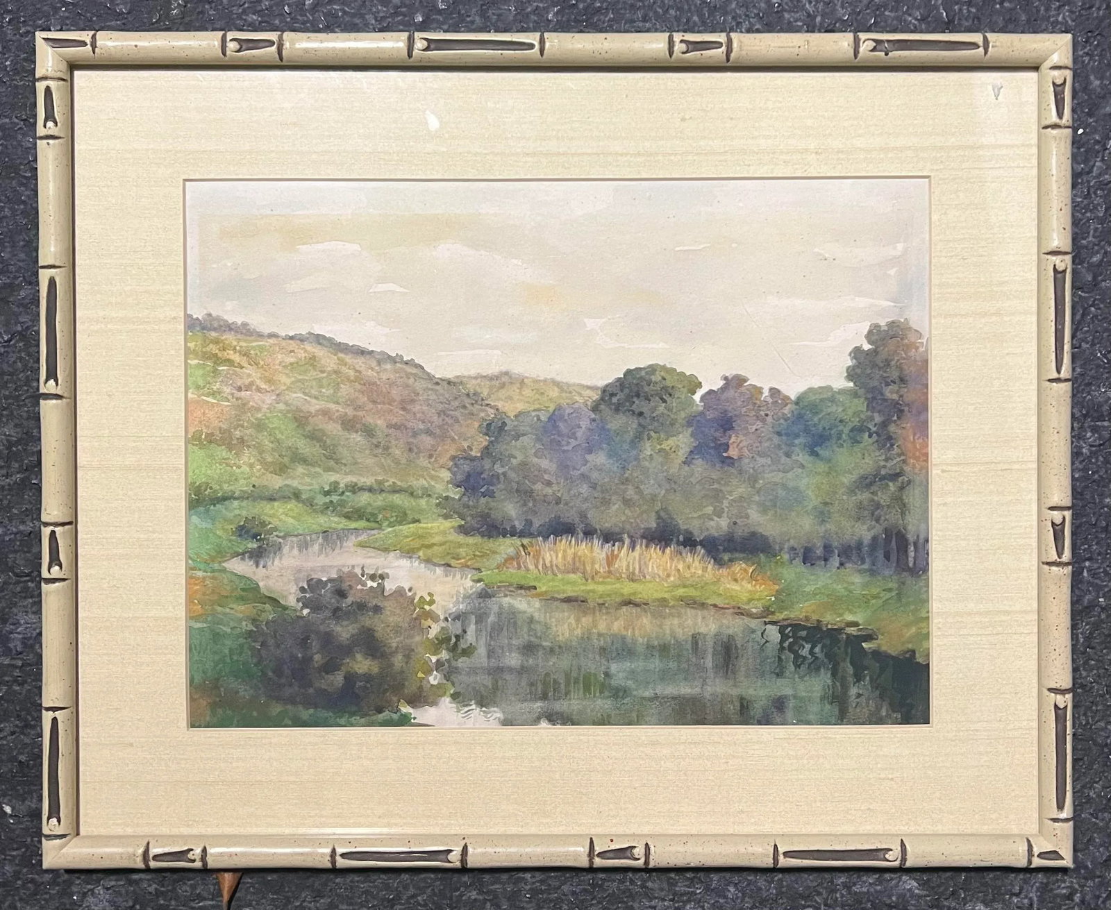Watercolor Landscape River Painting in Faux Bamboo Frame - 12