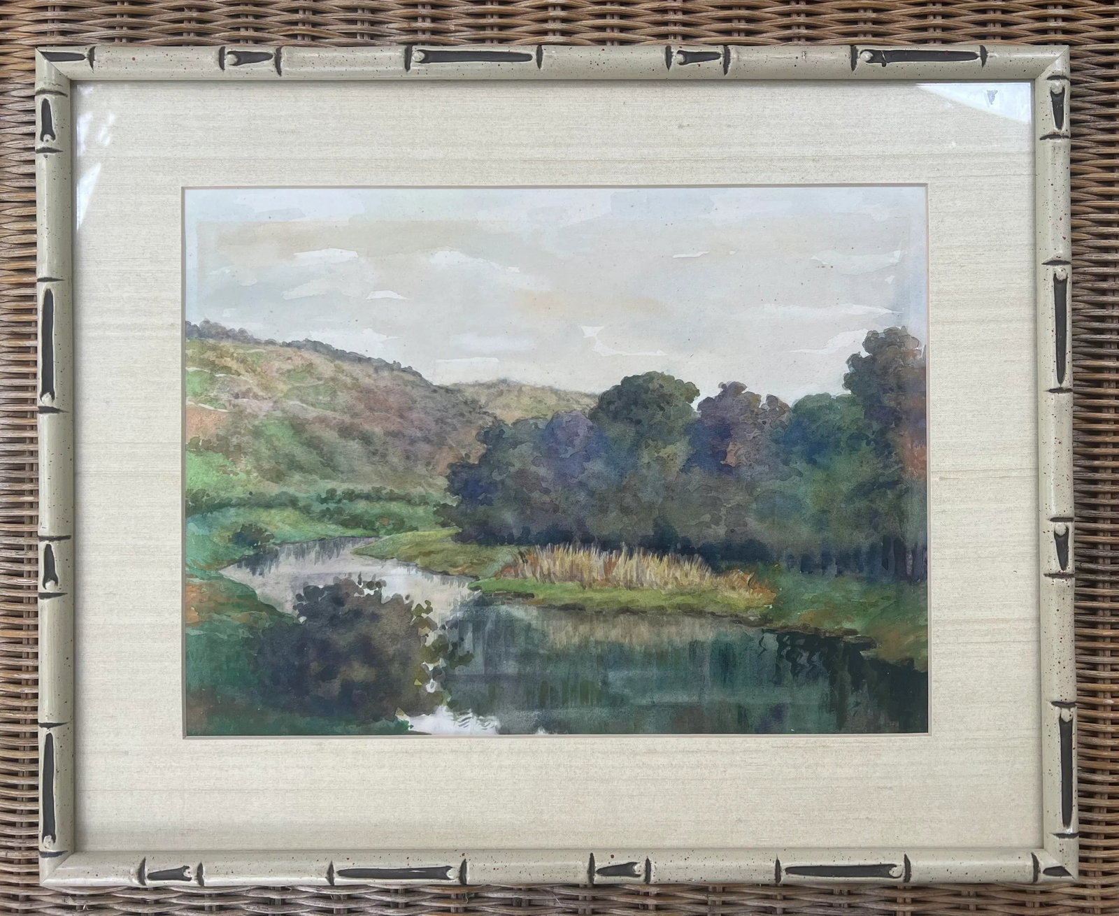 Watercolor Landscape River Painting in Faux Bamboo Frame - 13