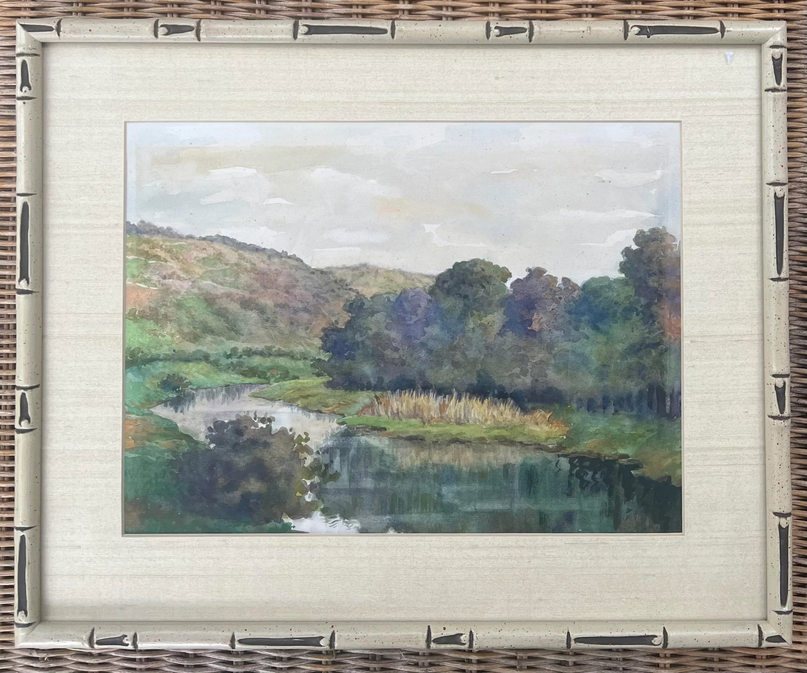 Watercolor Landscape River Painting in Faux Bamboo Frame - 2